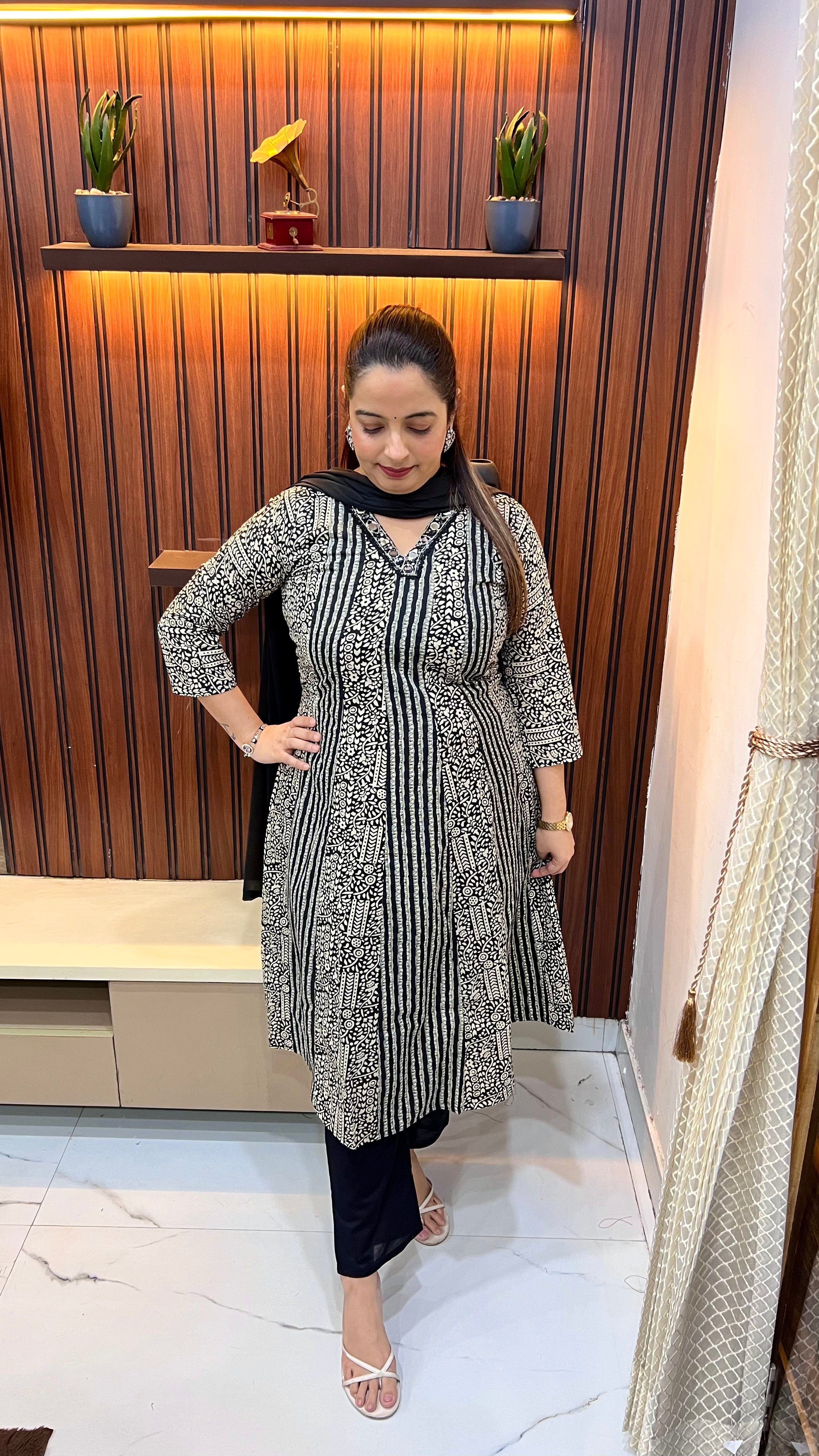 Pure Cotton Suit with Ajrak Print, Mirror Work & Chiffon Dupatta