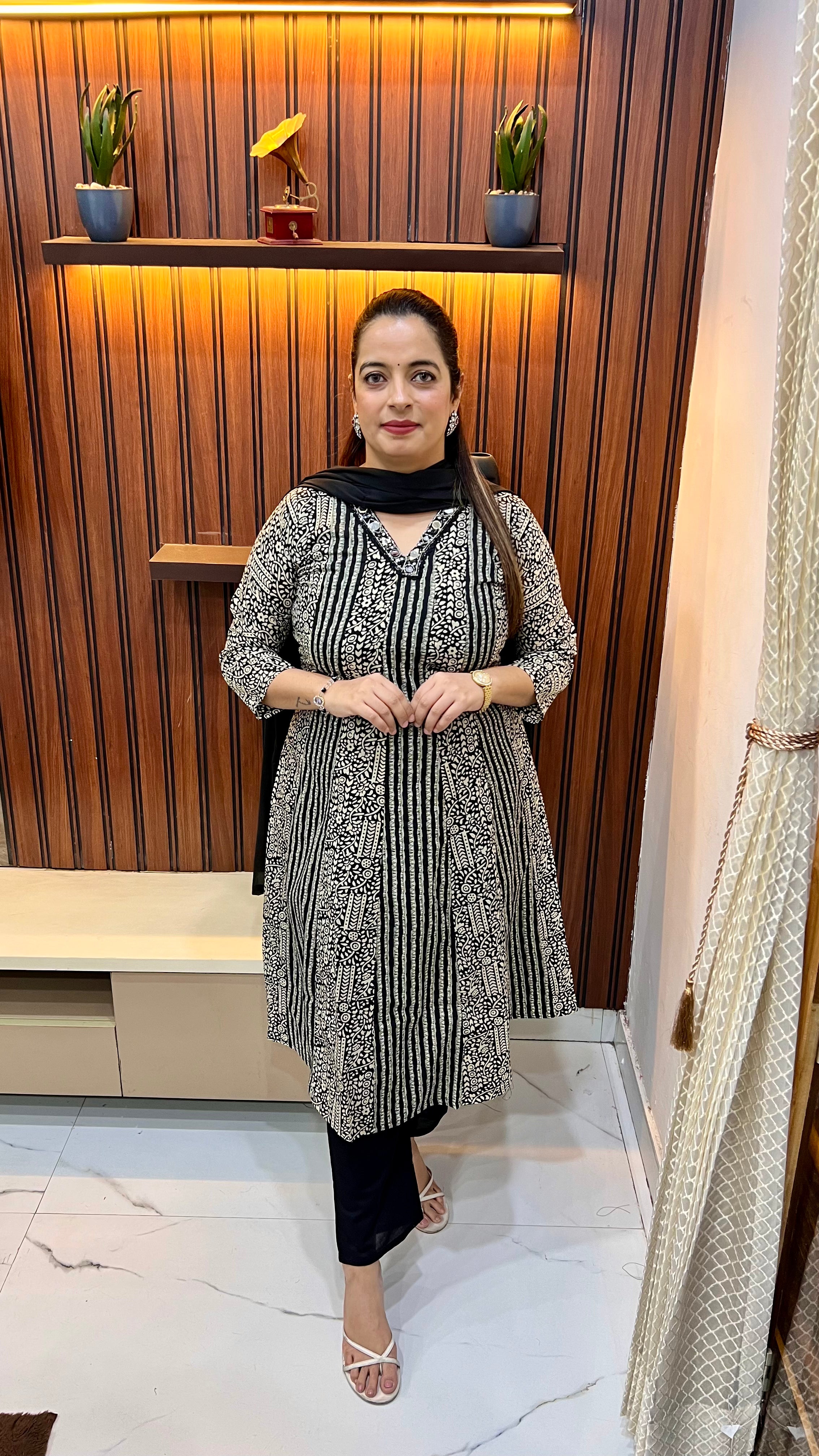 Pure Cotton Suit with Ajrak Print, Mirror Work & Chiffon Dupatta