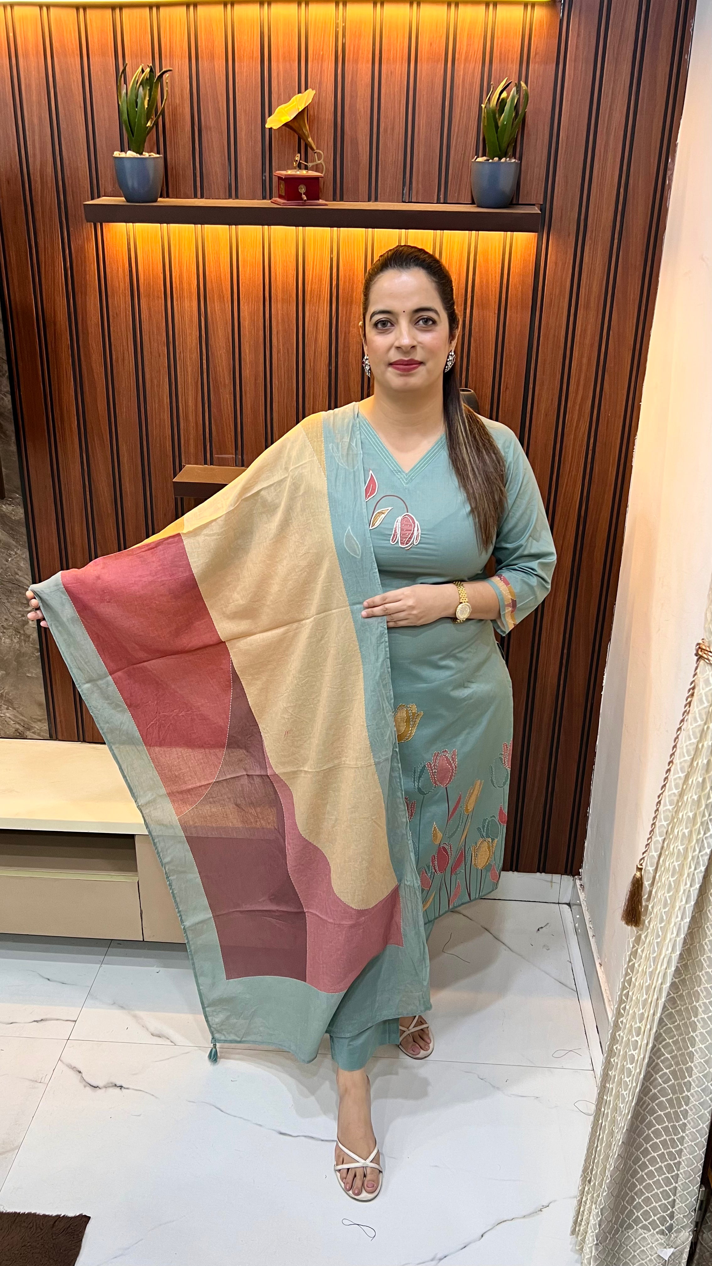 Pure Cotton Suit with Floral Print, Hand Embroidery & Printed Dupatta
