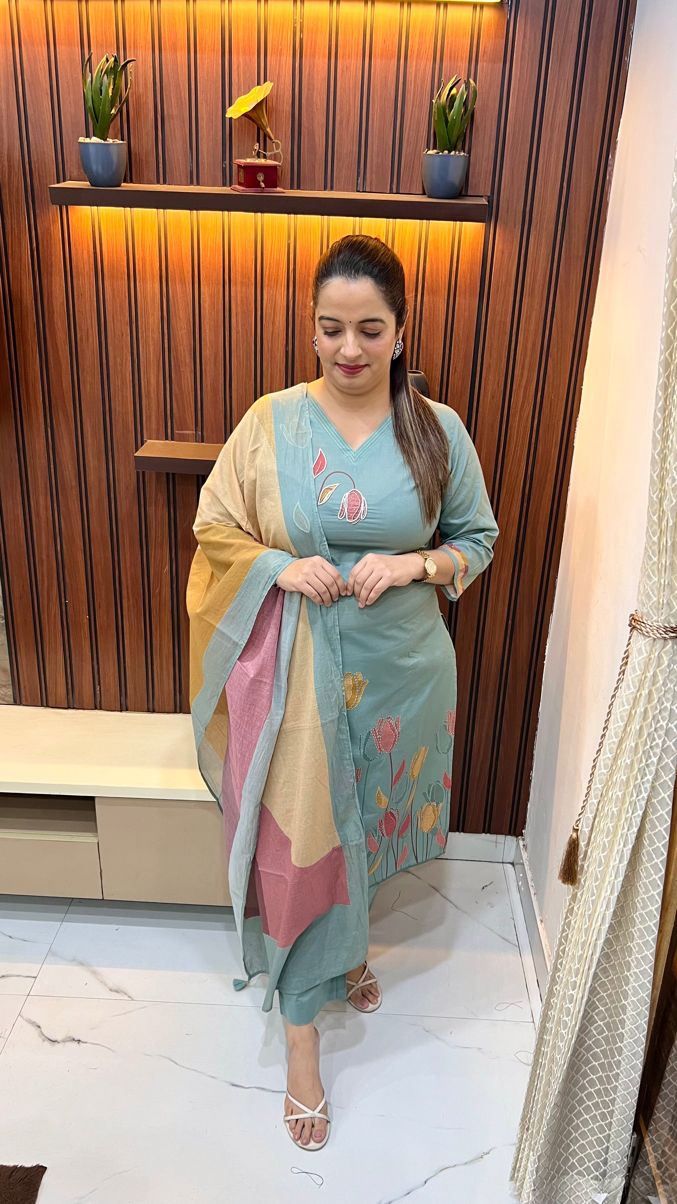 Pure Cotton Suit with Floral Print, Hand Embroidery & Printed Dupatta