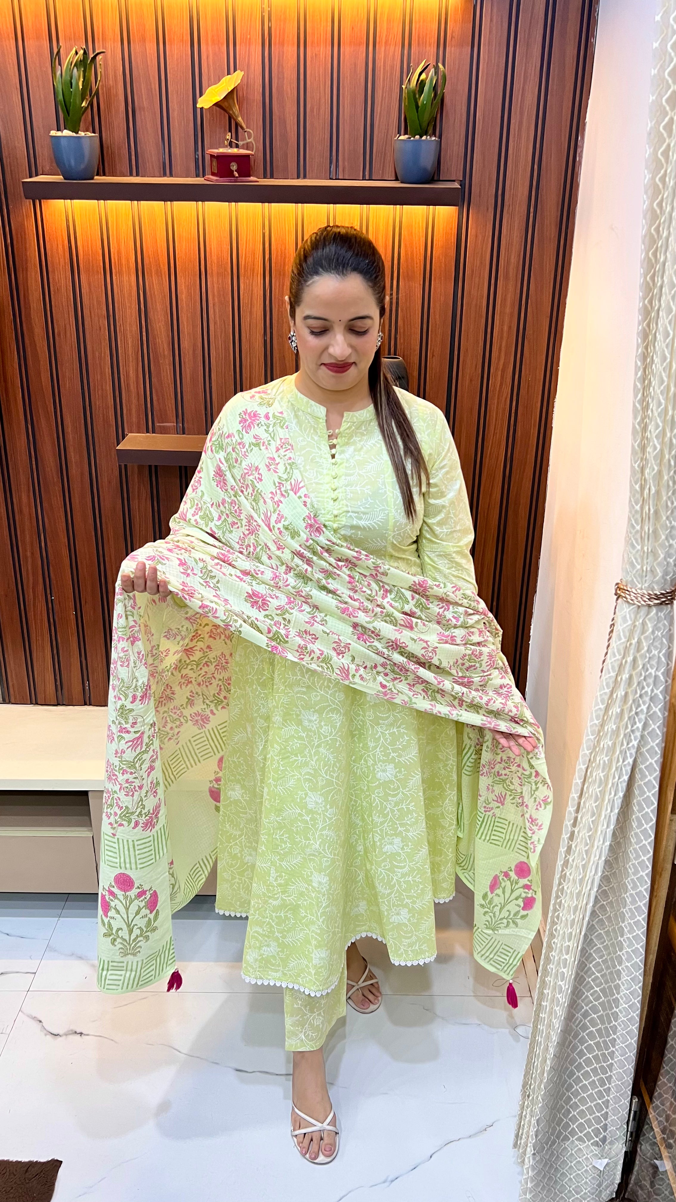 Pure Cotton Anarkali Suit with Block Print & Kalamkari Dupatta