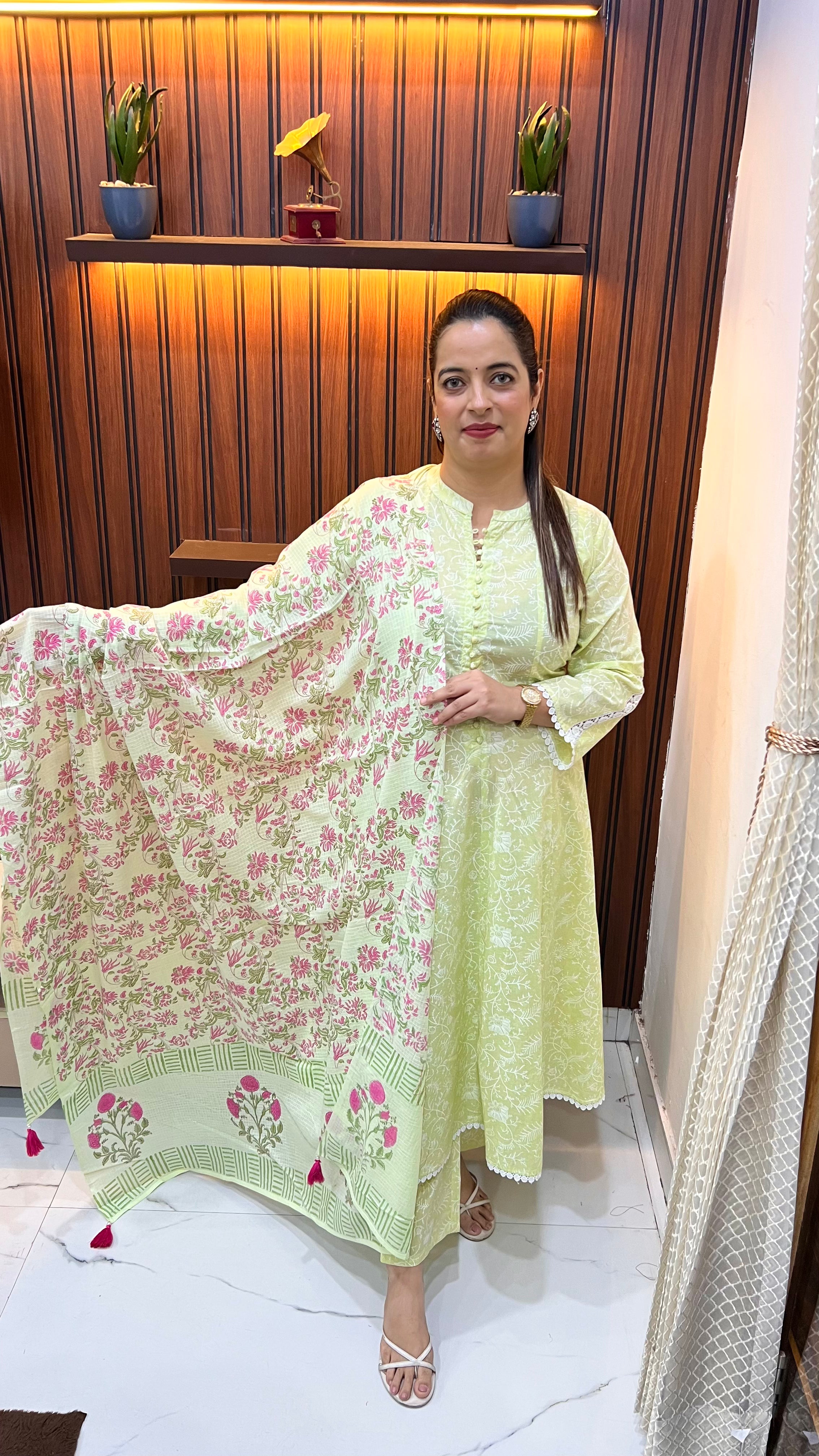 Pure Cotton Anarkali Suit with Block Print & Kalamkari Dupatta