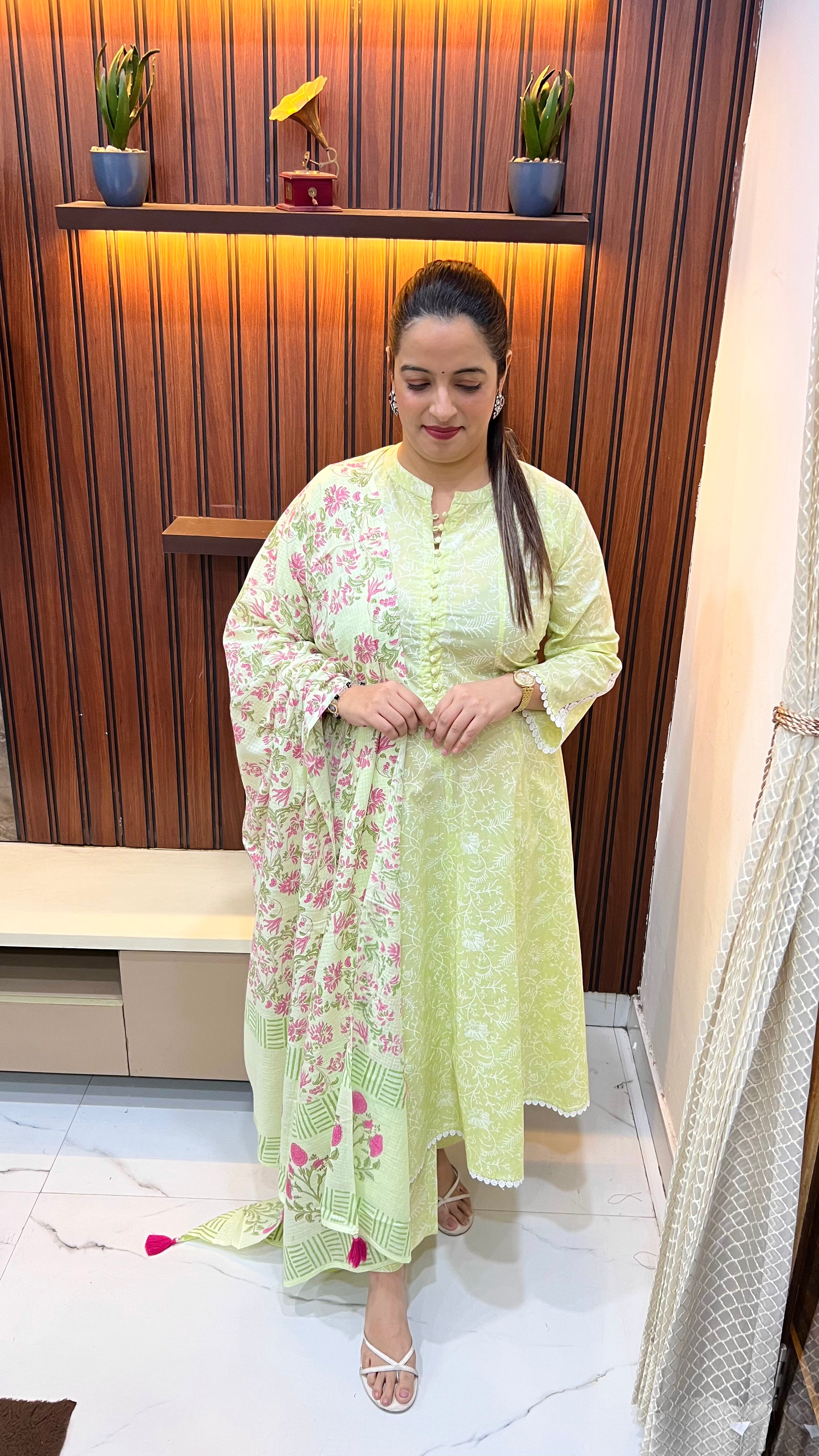 Pure Cotton Anarkali Suit with Block Print & Kalamkari Dupatta