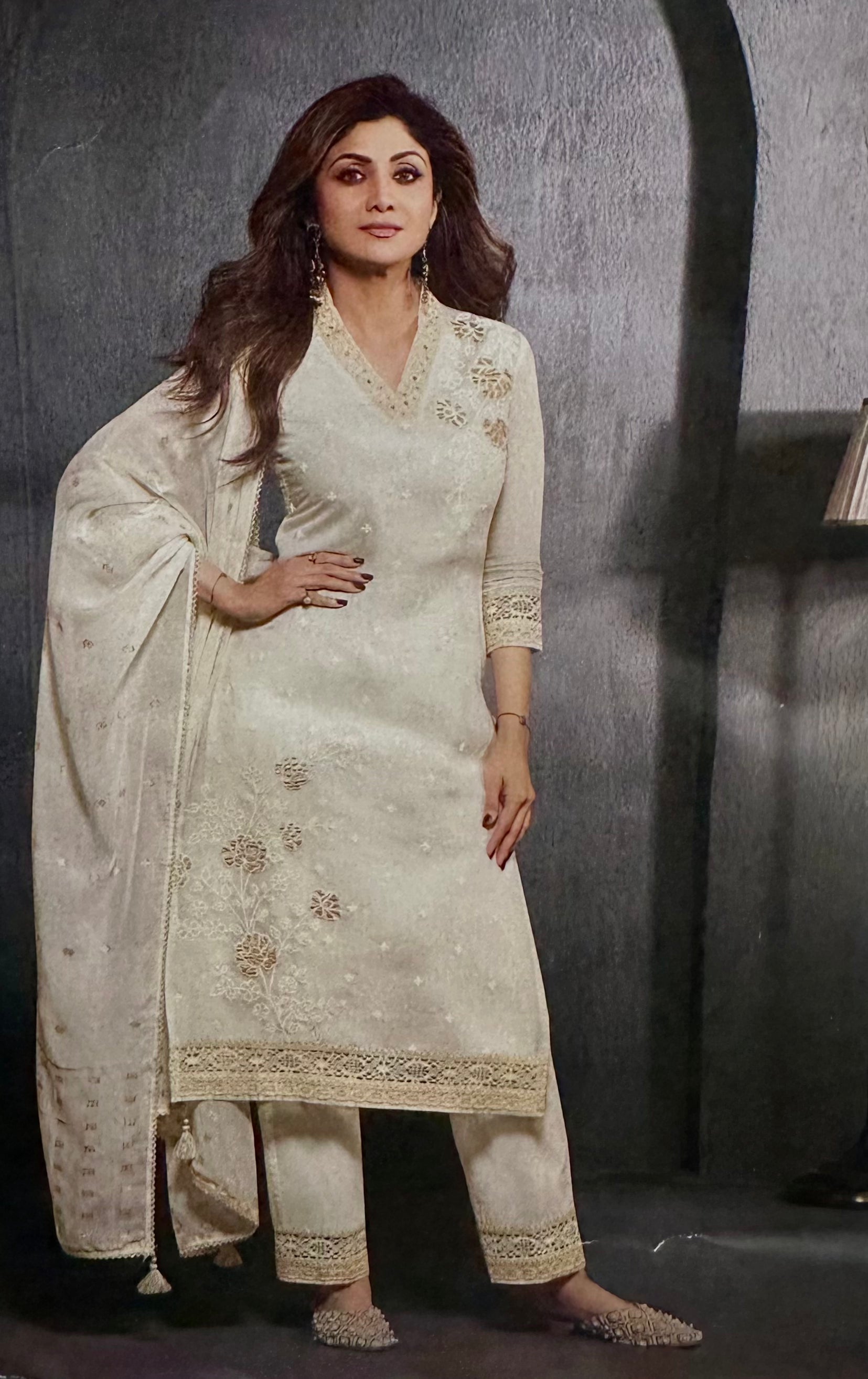Mul Chanderi Suit with Cotton Lining, Schiffli & Crochet Work with Leather Patching