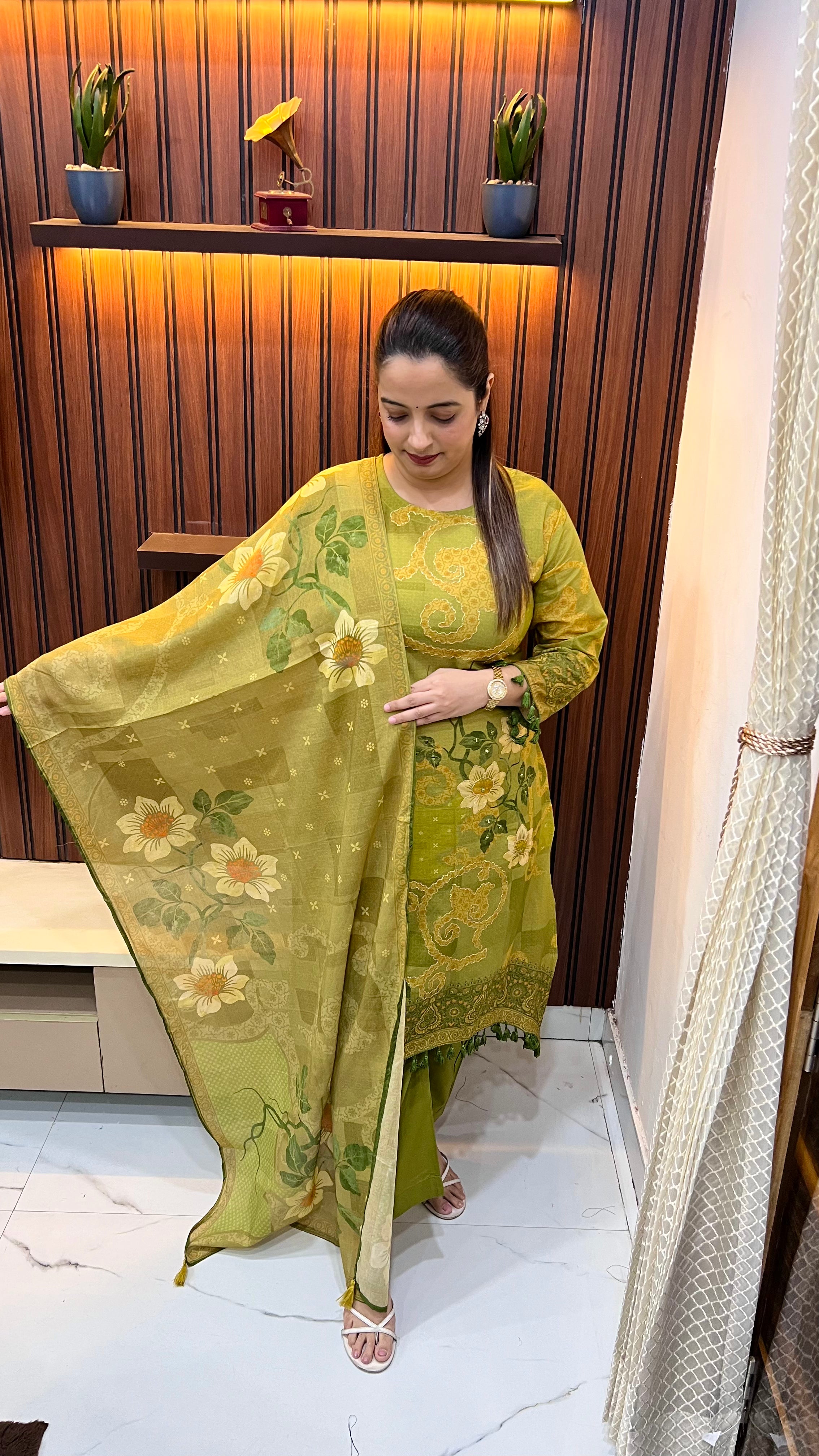 Pure Cotton Suit with C-Cut Ghera, Zari & Mirror Work with Crochet Lace
