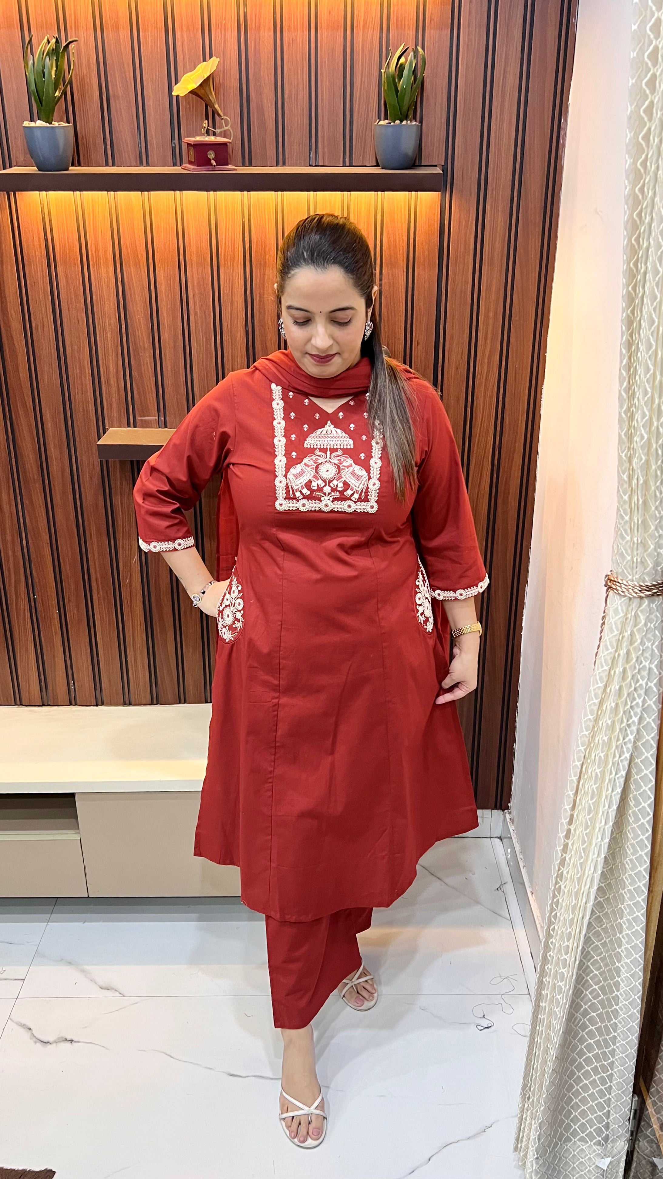 Pure Cotton Suit with Paan Neckline, Designer Pockets & Madhubani Art Work with Mul Cotton Dupatta