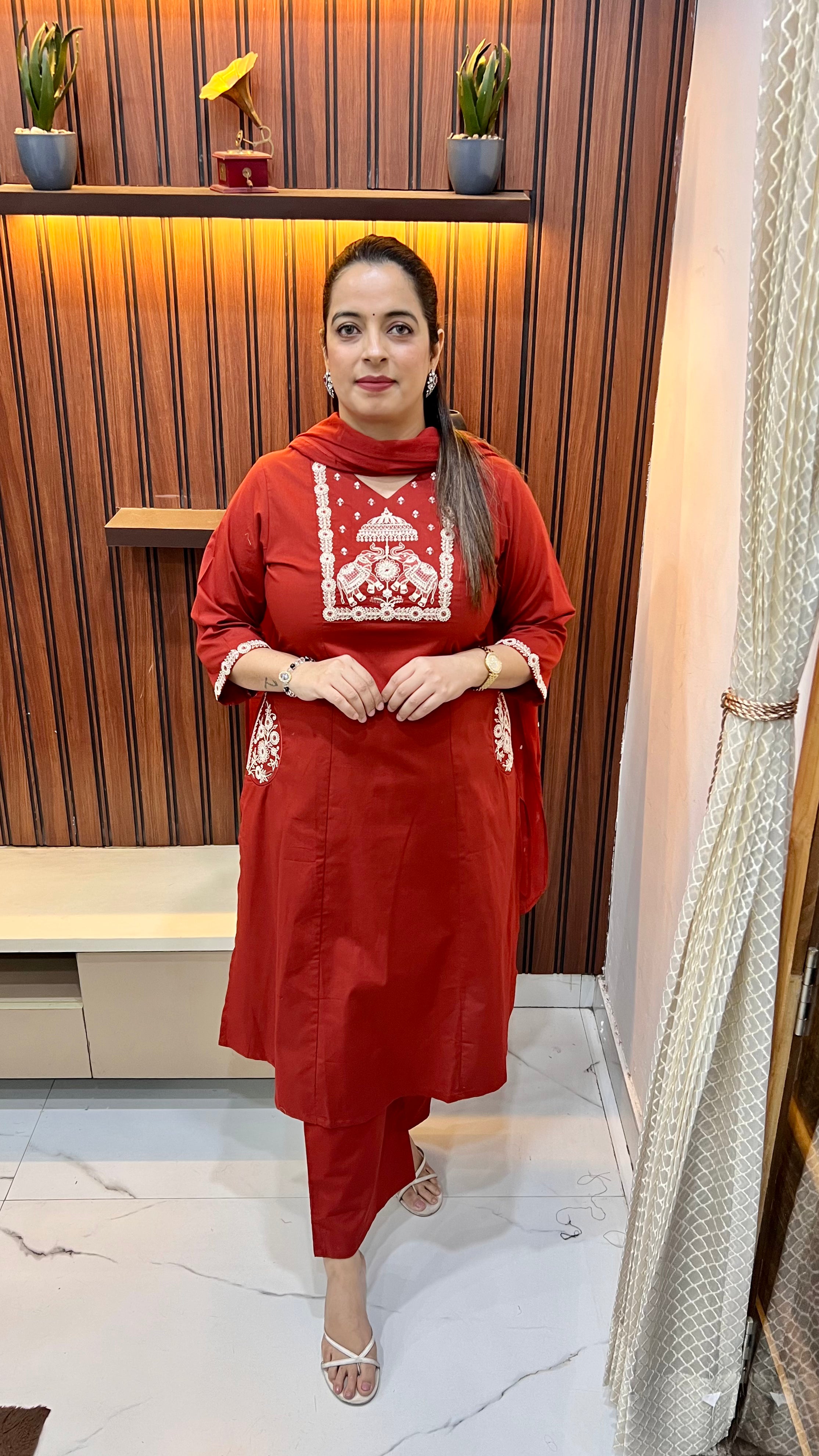 Pure Cotton Suit with Paan Neckline, Designer Pockets & Madhubani Art Work with Mul Cotton Dupatta