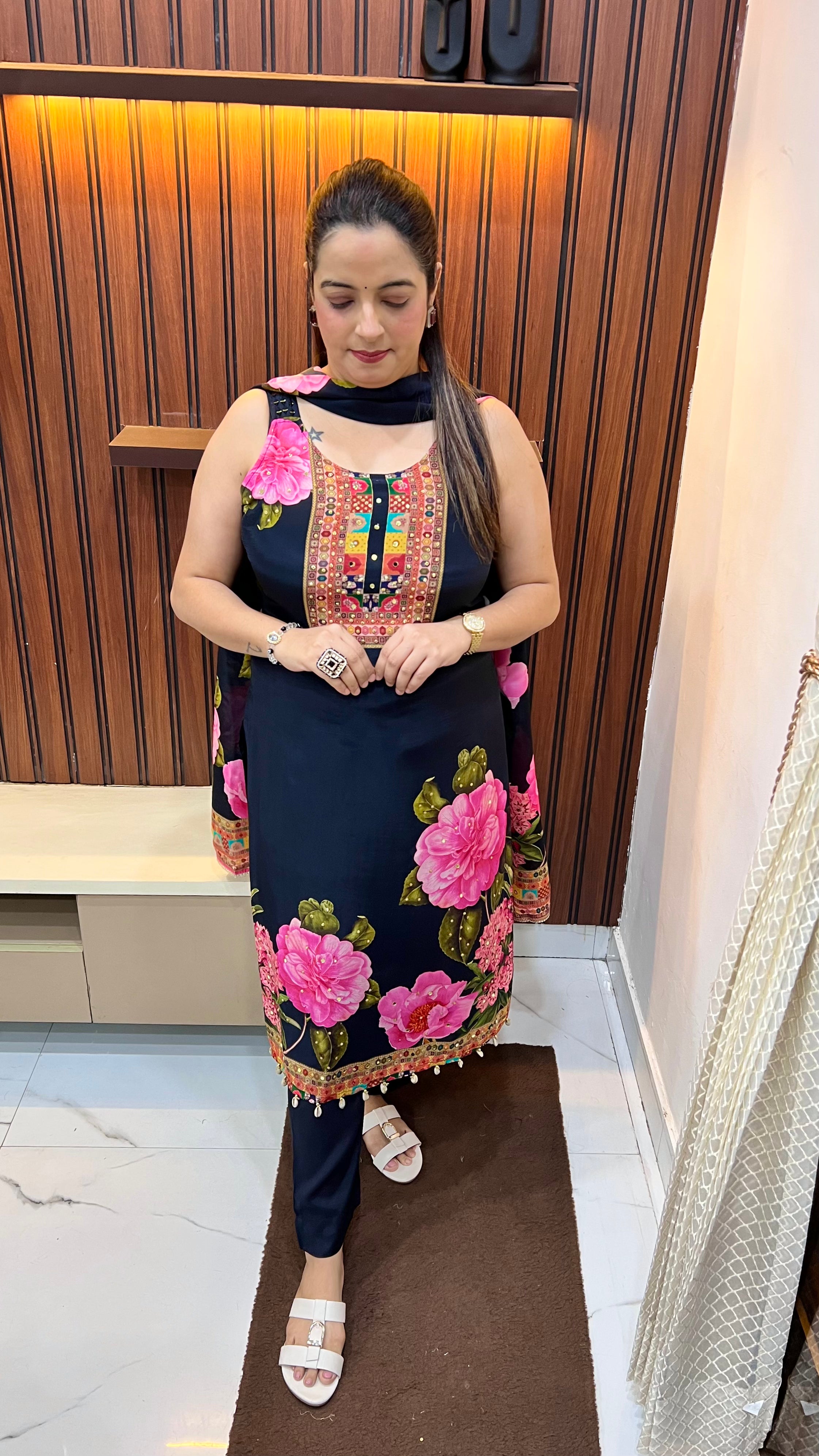 Pure Russian Crepe Suit with Digital Print & Mirror Work (Spaghetti Style)