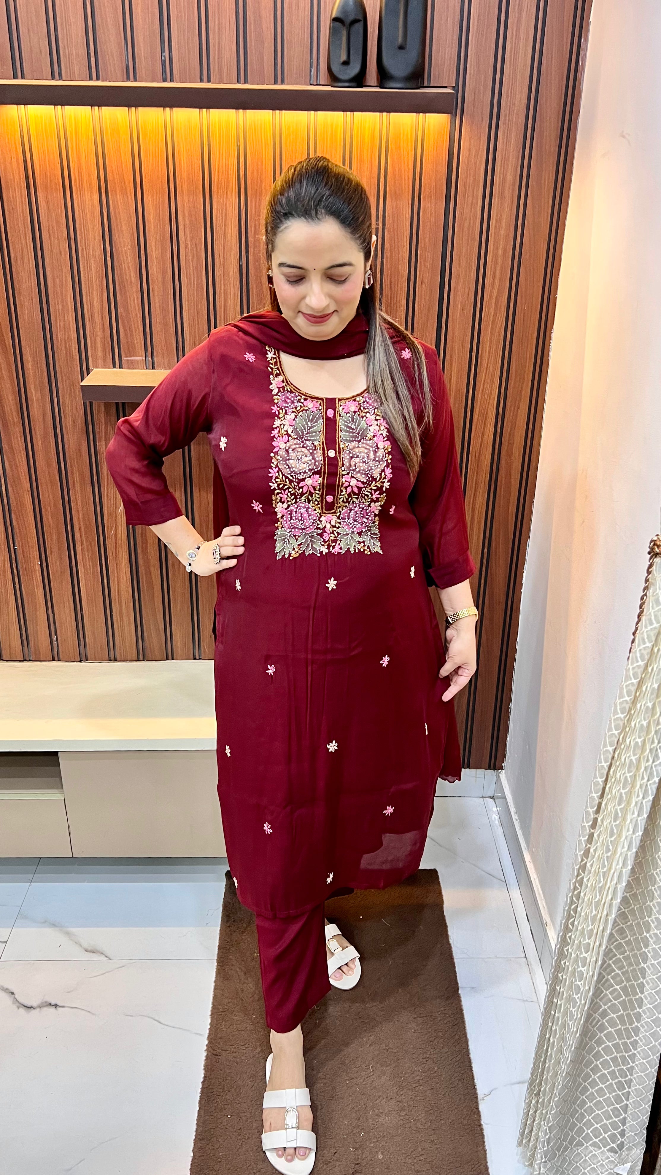 Mul Chanderi Suit with Kolkatta Knot Work & Pure Cotton Lining