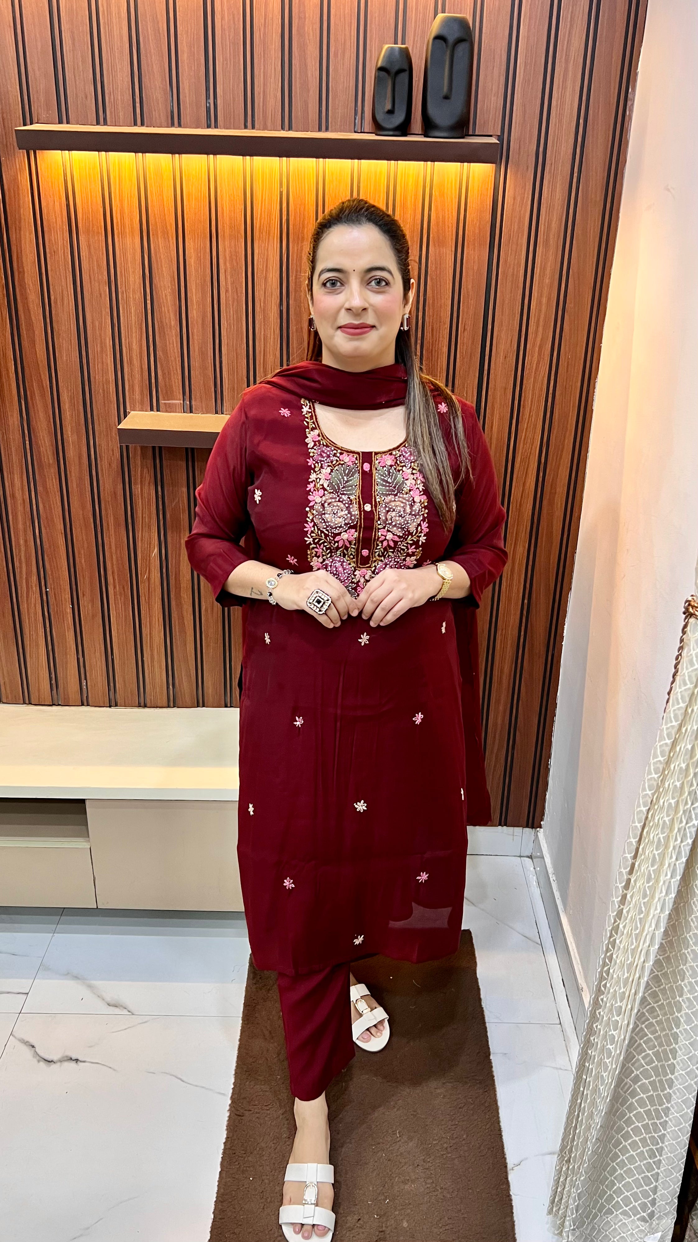 Mul Chanderi Suit with Kolkatta Knot Work & Pure Cotton Lining