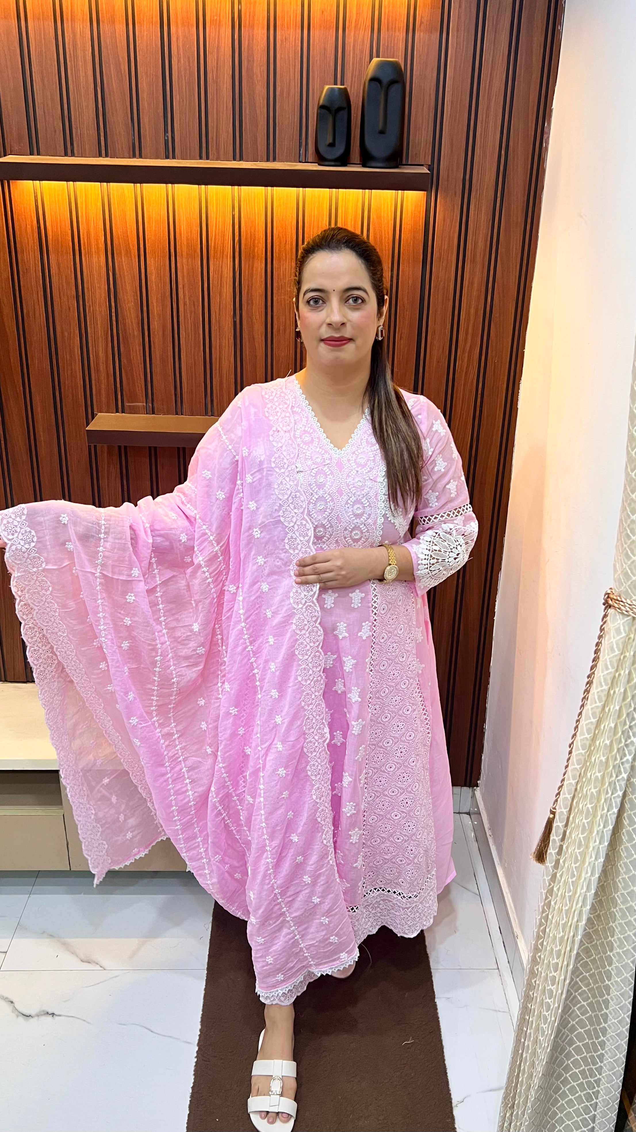 Mul Cotton Suit with Lucknowi Work & Crochet Lace Detailing