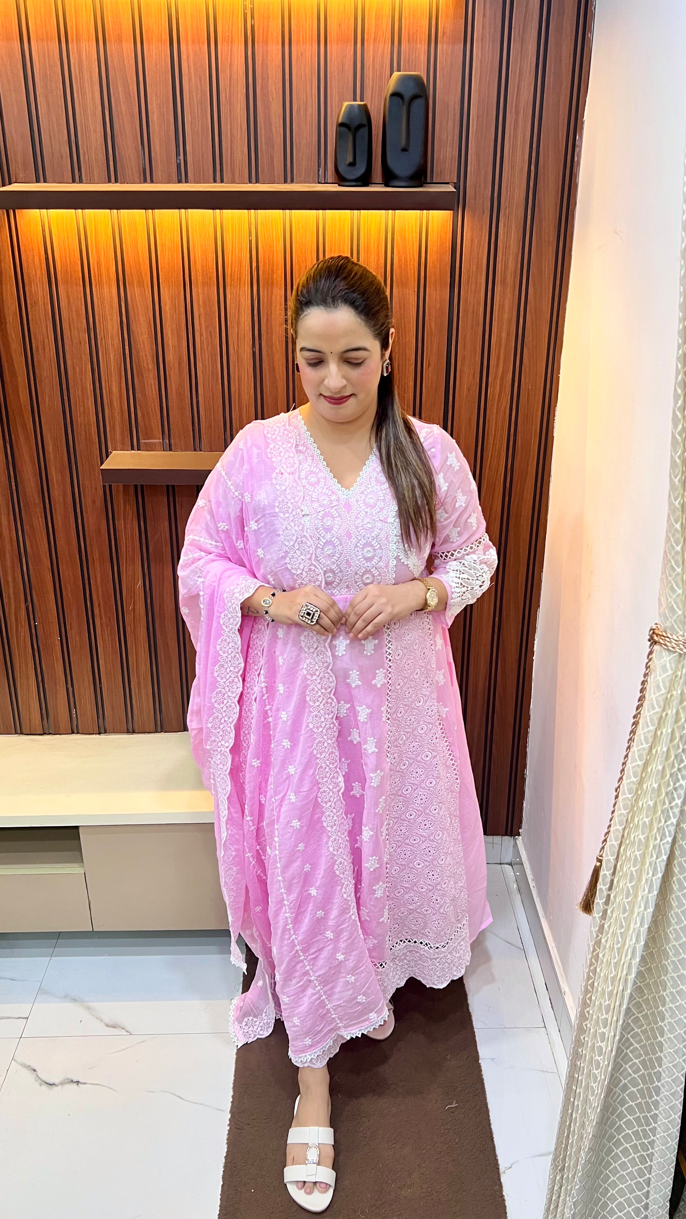 Mul Cotton Suit with Lucknowi Work & Crochet Lace Detailing