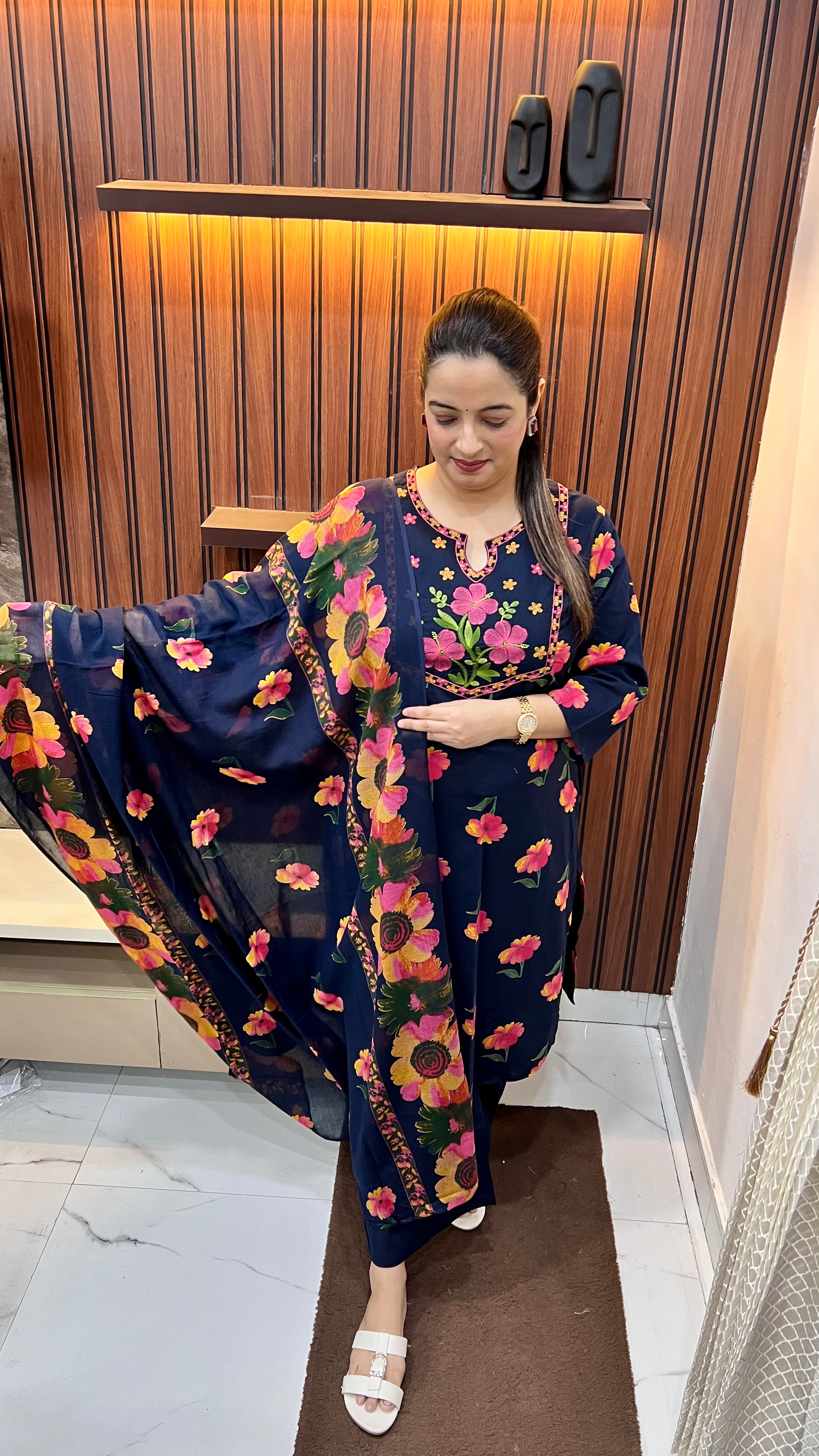 Pure Cotton Suit with Digital Print & Appliqué Neckline Embroidery