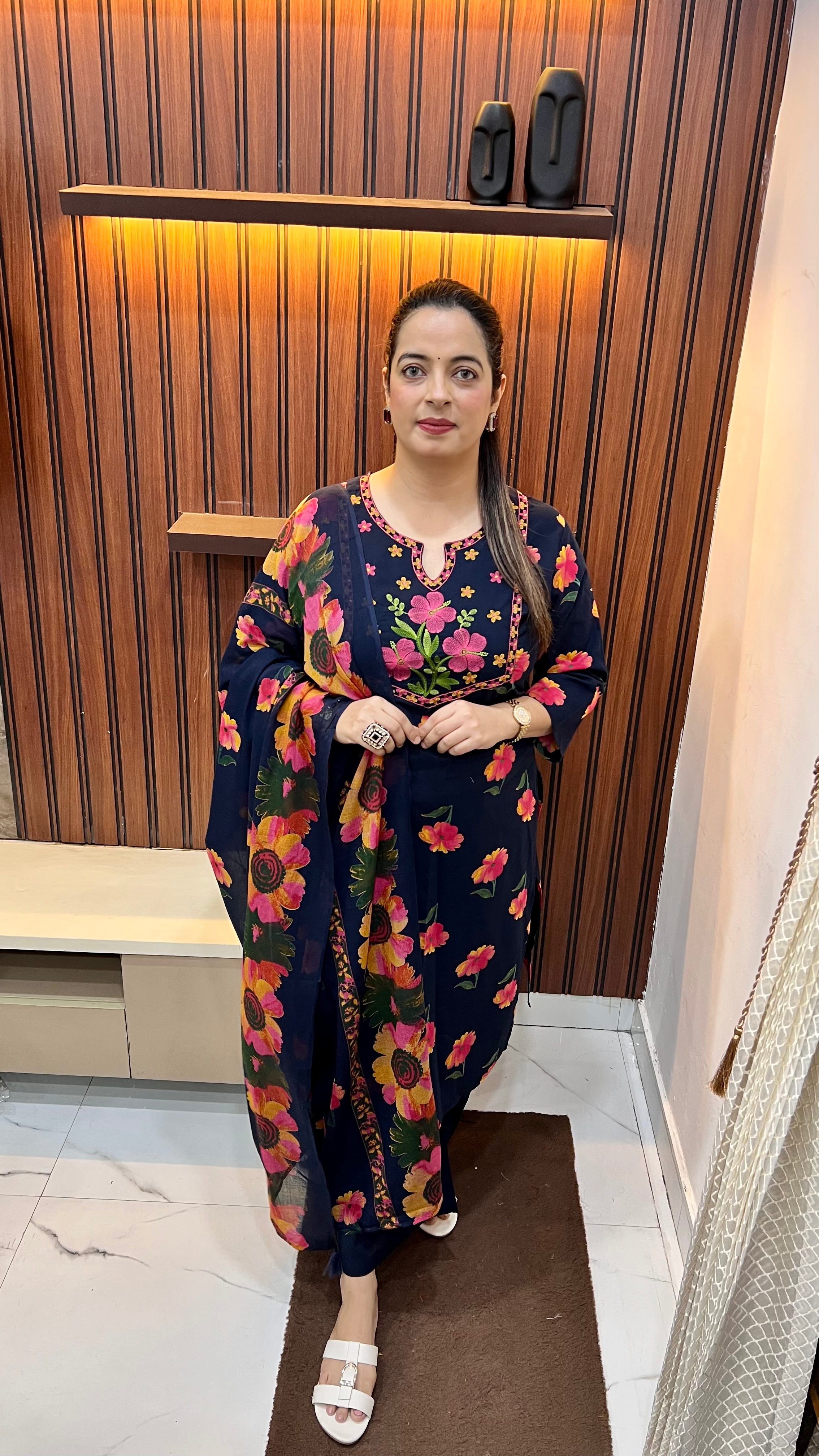 Pure Cotton Suit with Digital Print & Appliqué Neckline Embroidery