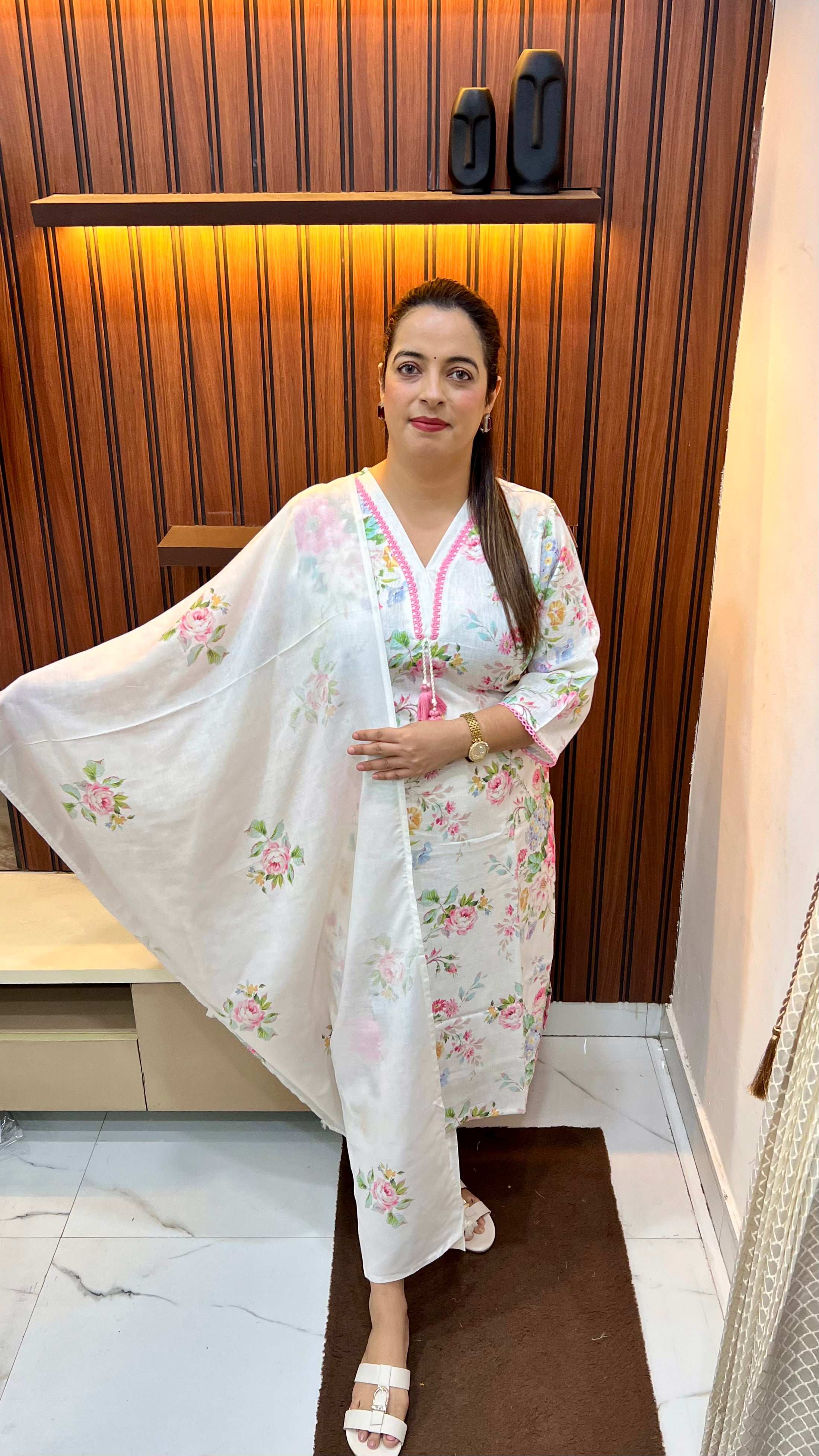 Pure Linen Suit with Digital Print & Korean Crystal Work with Mul Cotton Dupatta