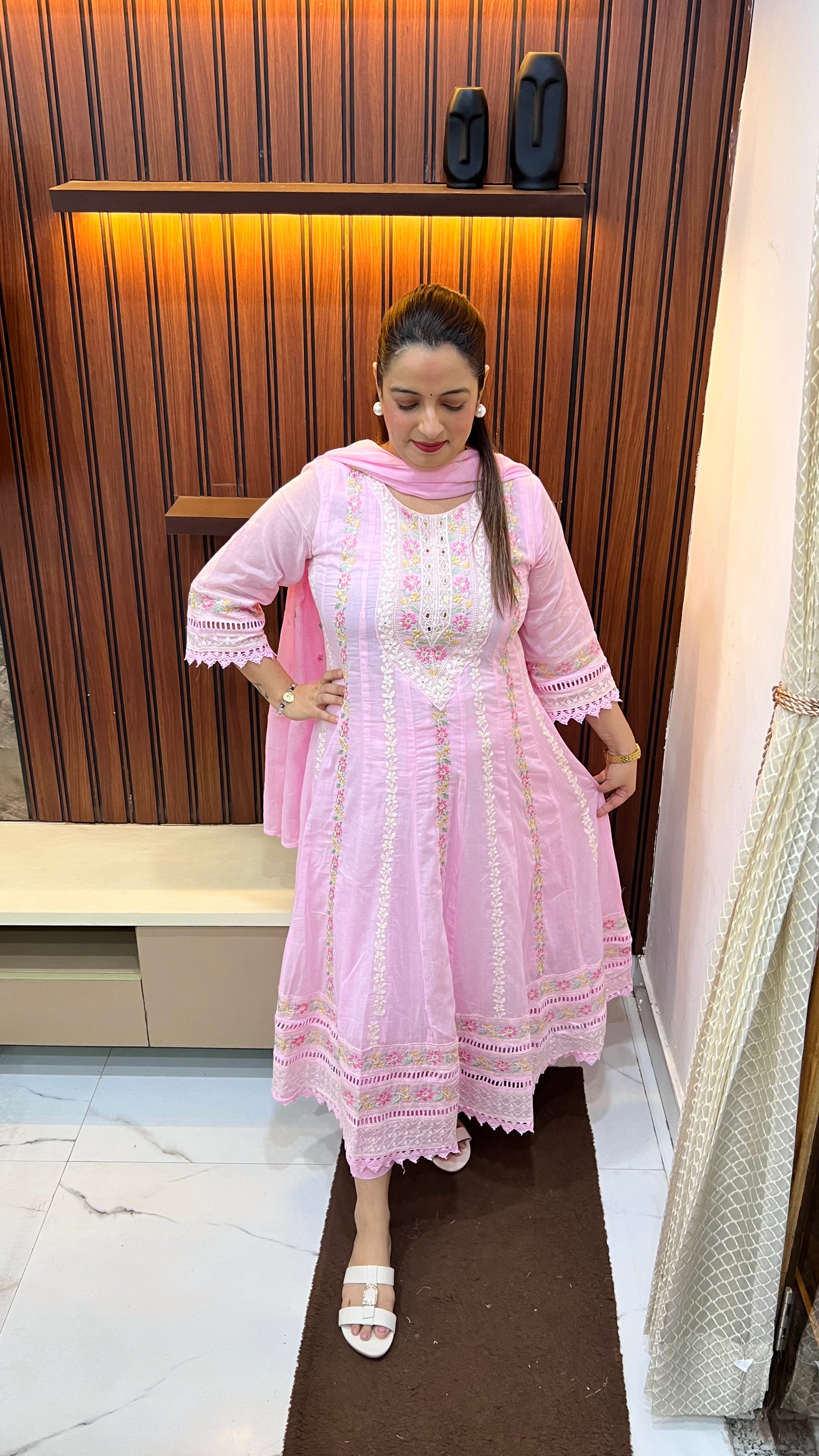 Mul Cotton Anarkali Suit with Pure Cotton Lining, Thread & Mirror Work and Crochet Lace Ghera