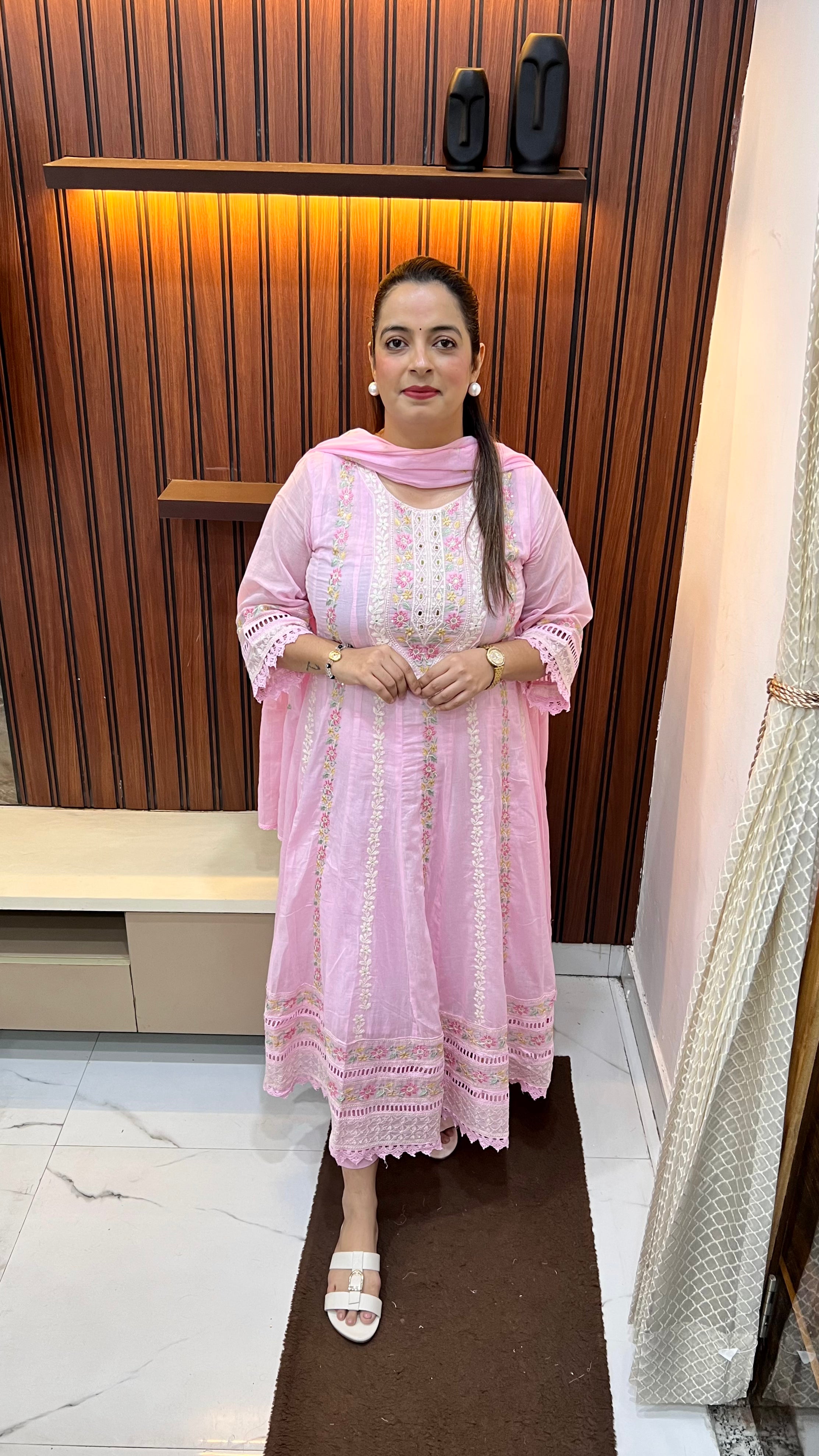 Mul Cotton Anarkali Suit with Pure Cotton Lining, Thread & Mirror Work and Crochet Lace Ghera