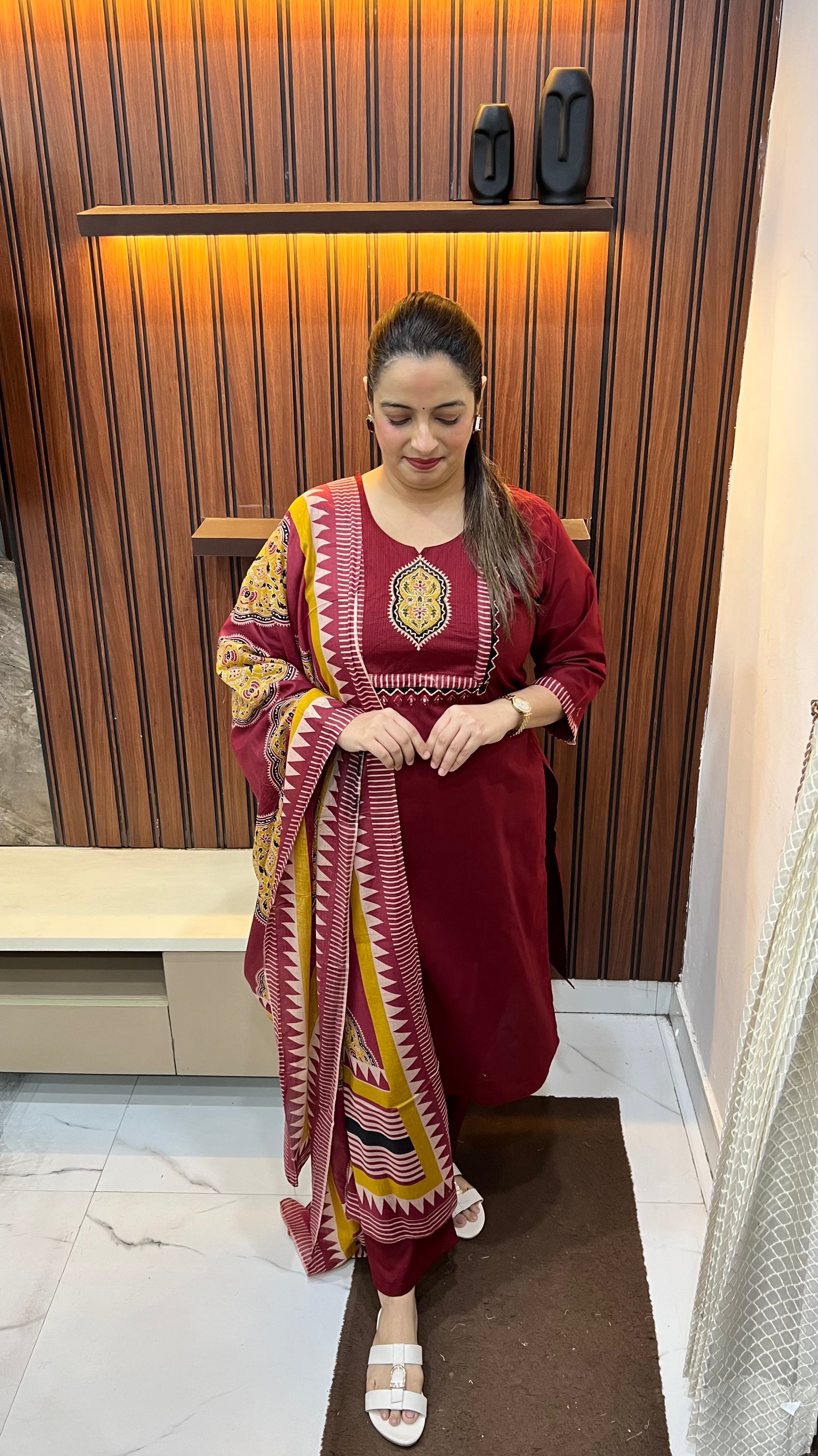 Pure Cotton Suit with Thread & Pintex Work Neckline and Daboo Print Dupatta