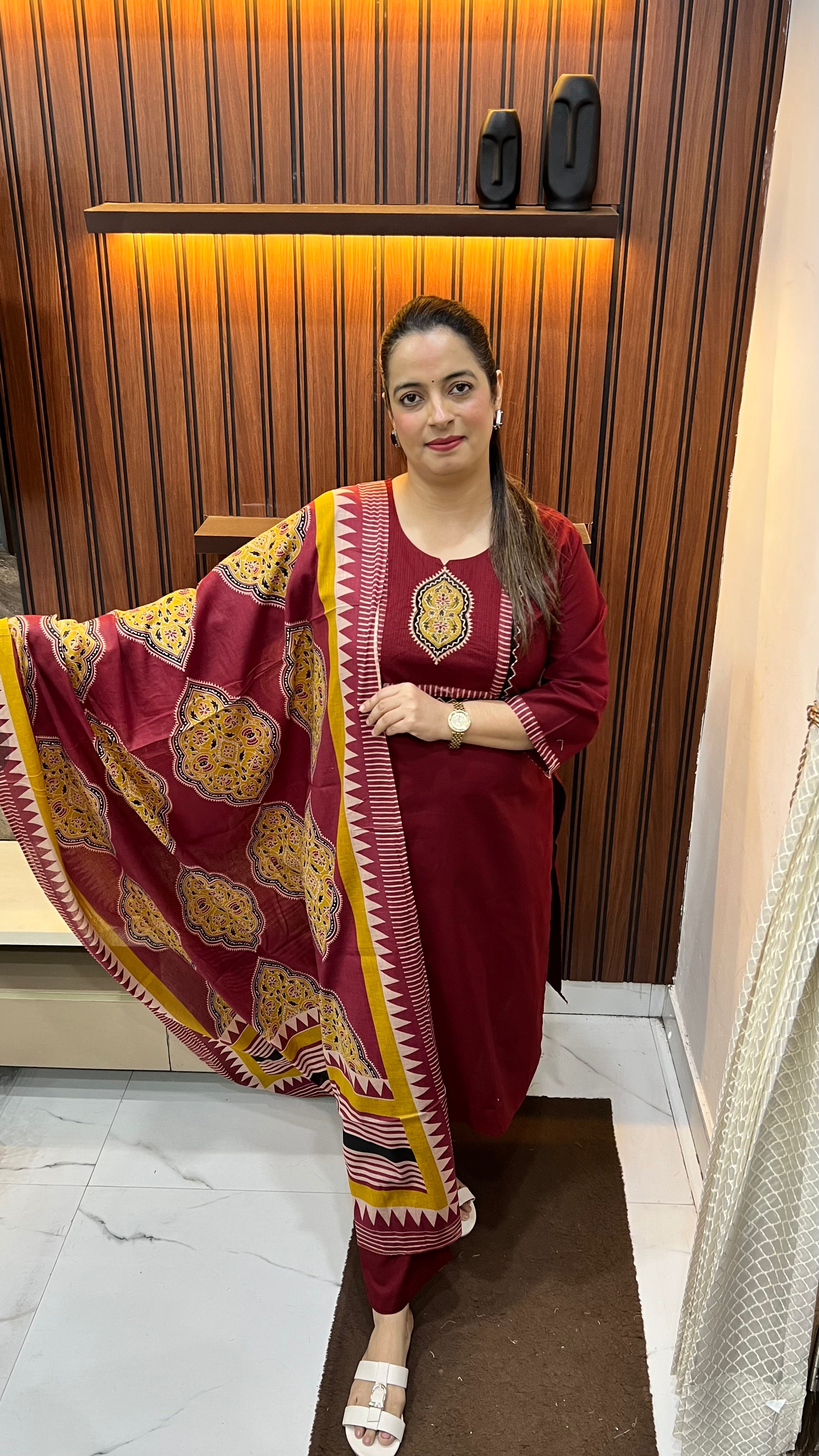 Pure Cotton Suit with Thread & Pintex Work Neckline and Daboo Print Dupatta