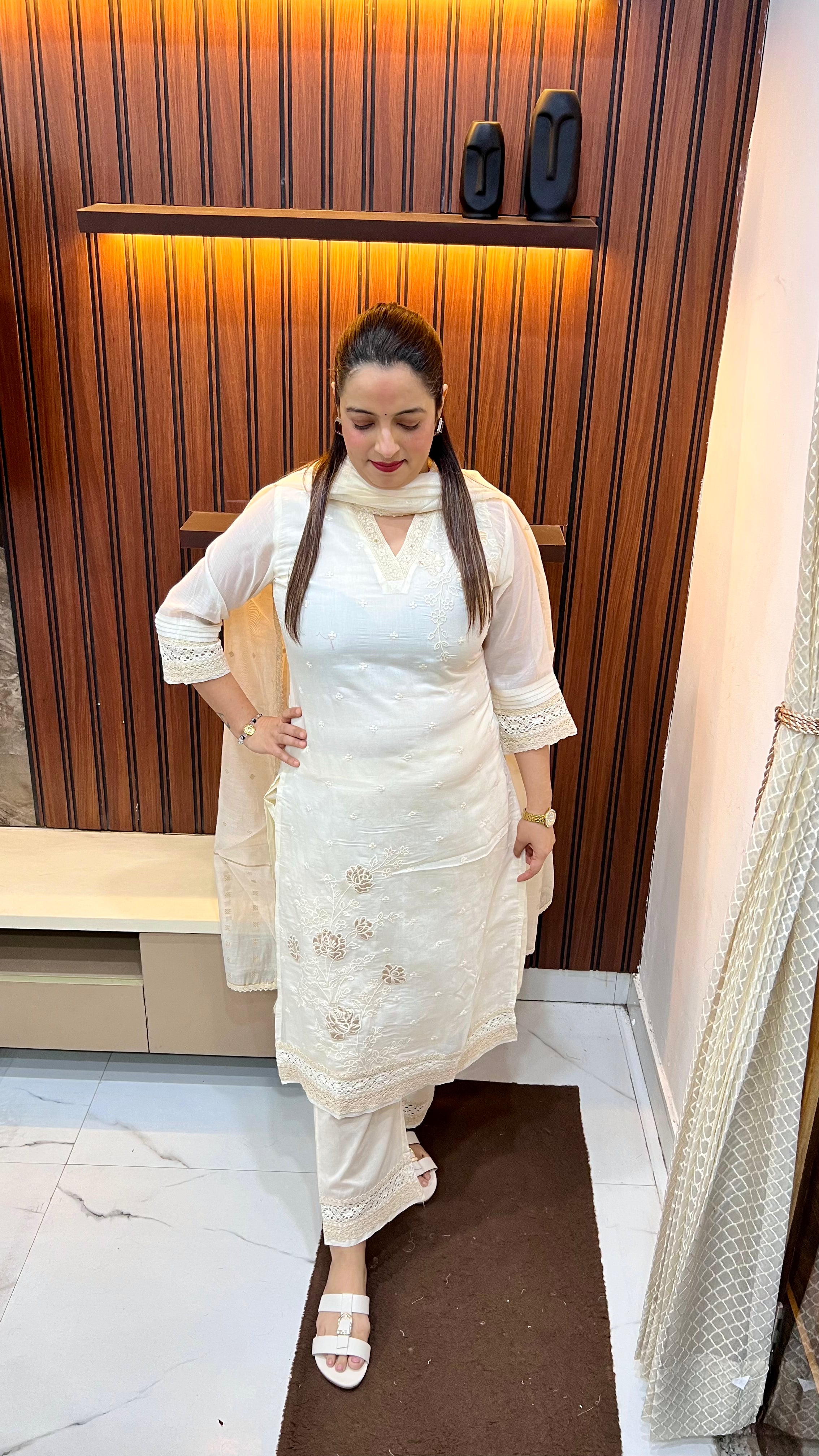 Mul Chanderi Suit with Cotton Lining, Schiffli & Crochet Work with Leather Patching