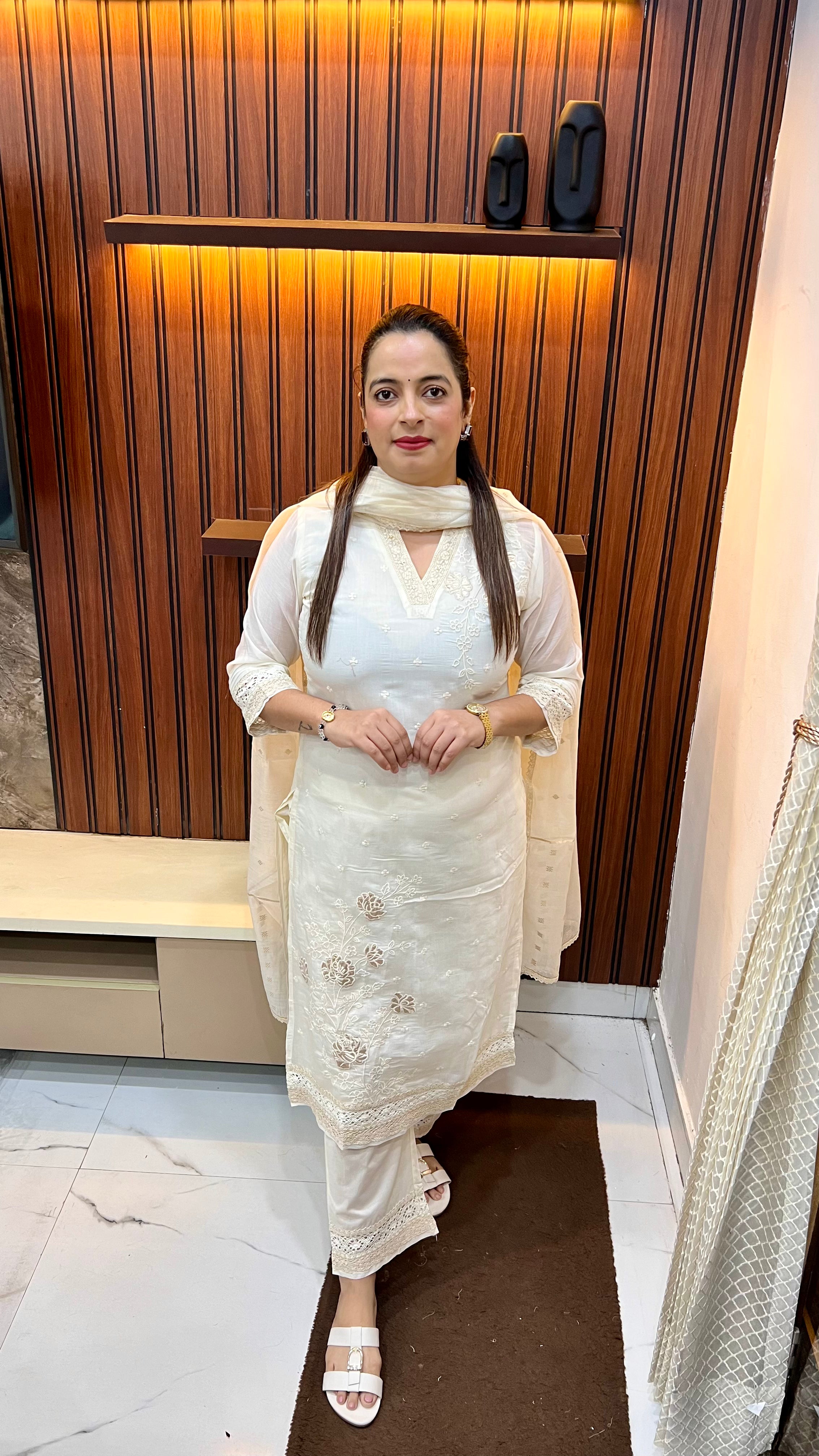 Mul Chanderi Suit with Cotton Lining, Schiffli & Crochet Work with Leather Patching