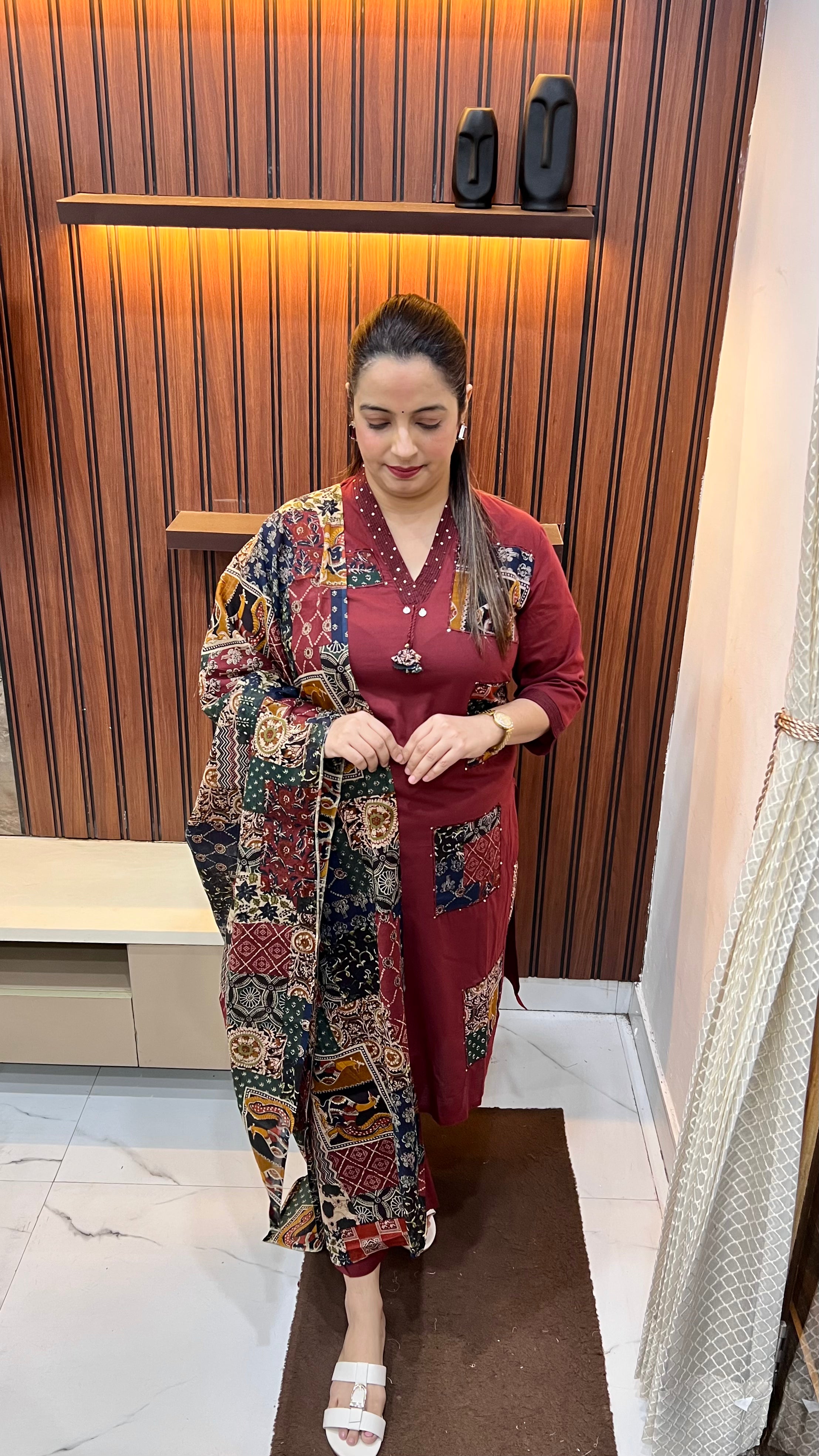 Pure Cotton Suit with Kalamkari Patch Work, Hand Embroidery & Kalamkari Print Dupatta