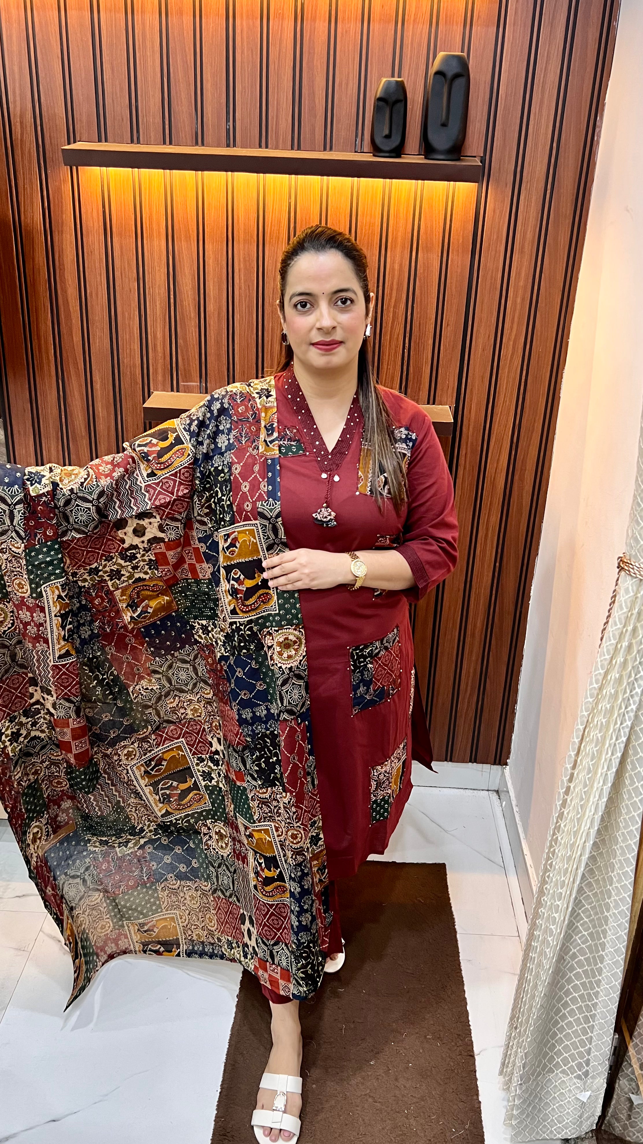 Pure Cotton Suit with Kalamkari Patch Work, Hand Embroidery & Kalamkari Print Dupatta