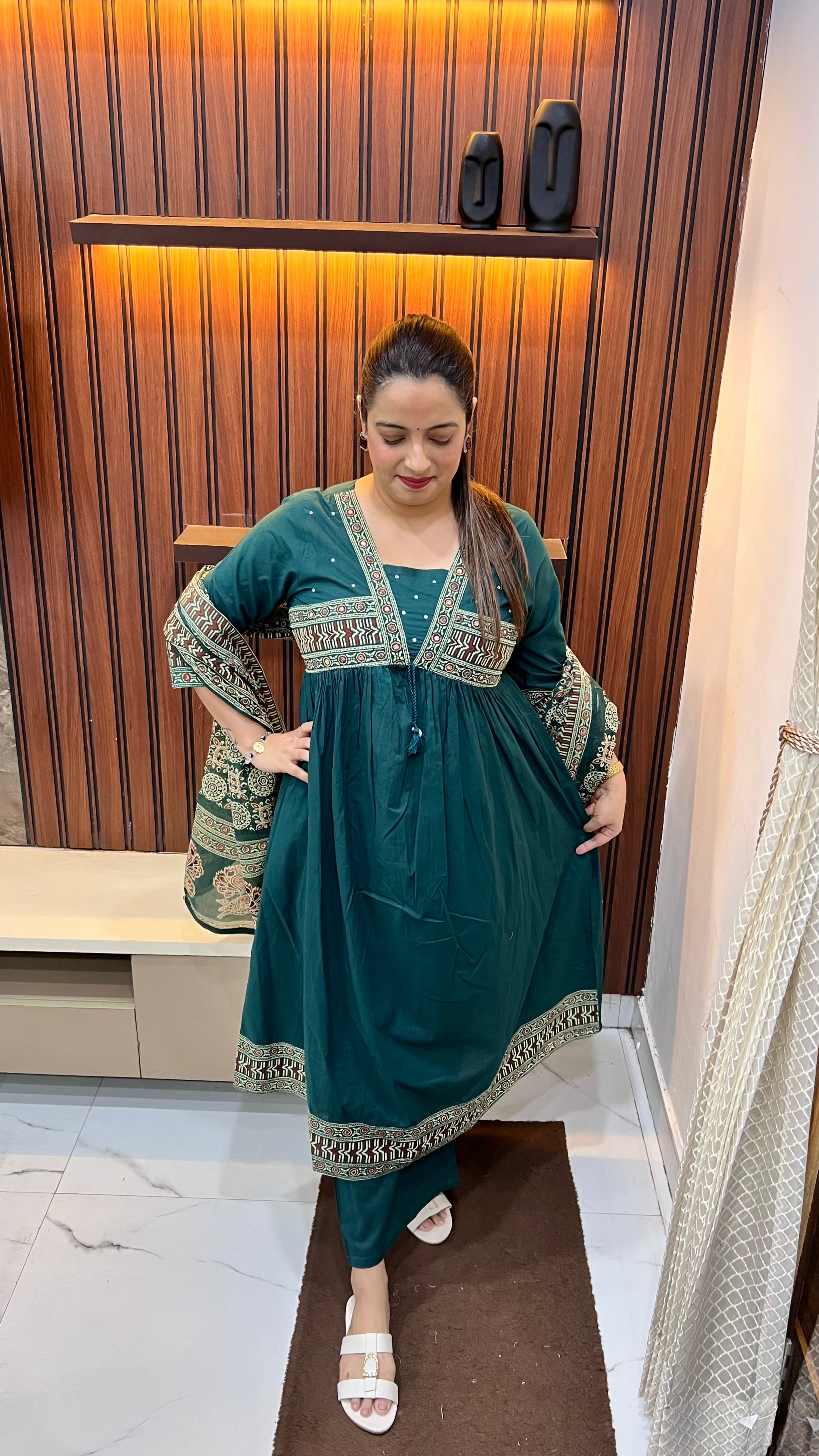 Pure Cotton Kalamkari Alia Cut A-Line Suit with All-Over Hand Embroidery & Printed Dupatta