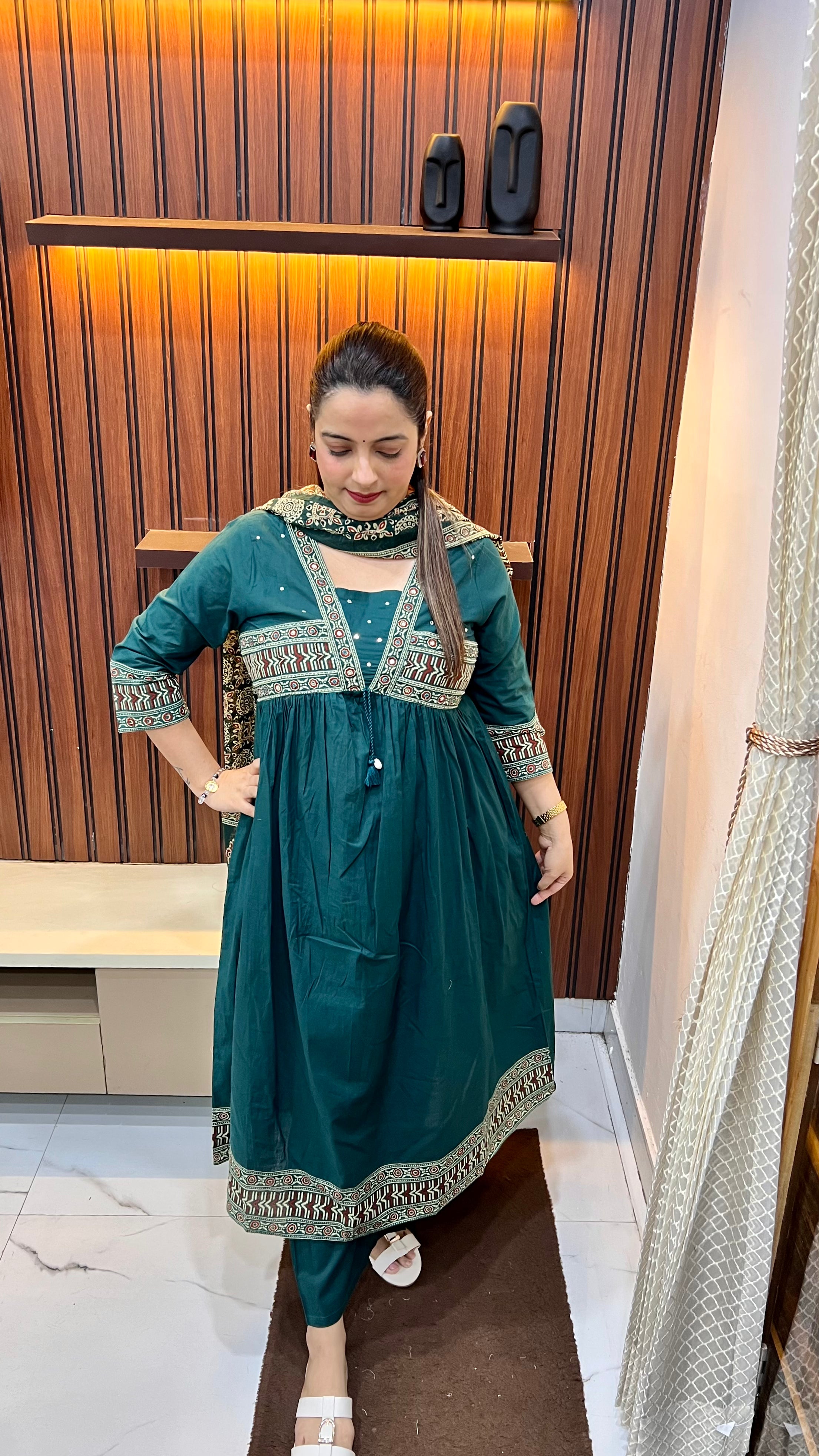 Pure Cotton Kalamkari Alia Cut A-Line Suit with All-Over Hand Embroidery & Printed Dupatta