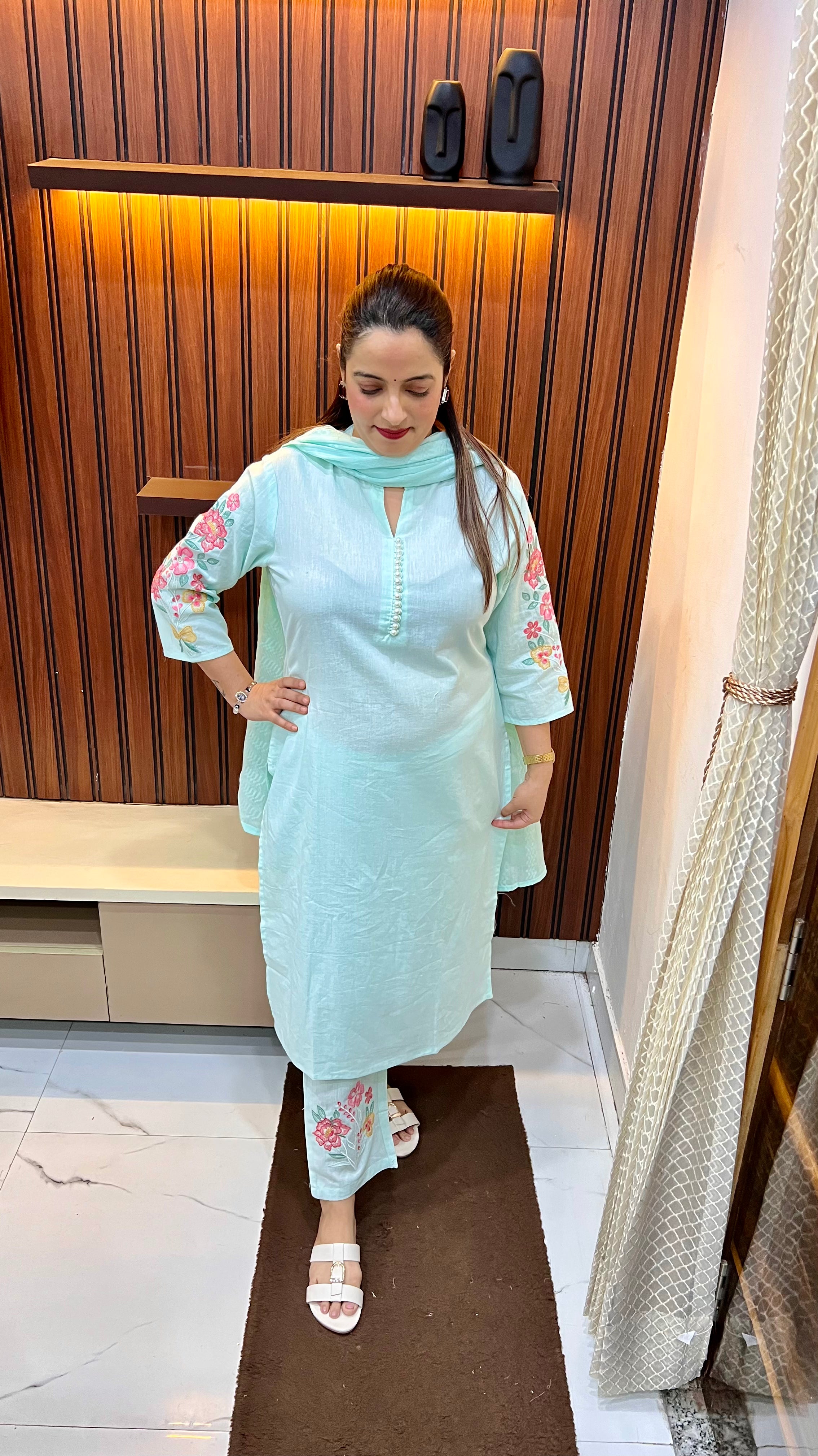 Pure Cotton Suit with Pearl Buttons, Thread Embroidery on Sleeves & Back, Round V-Cut Neckline