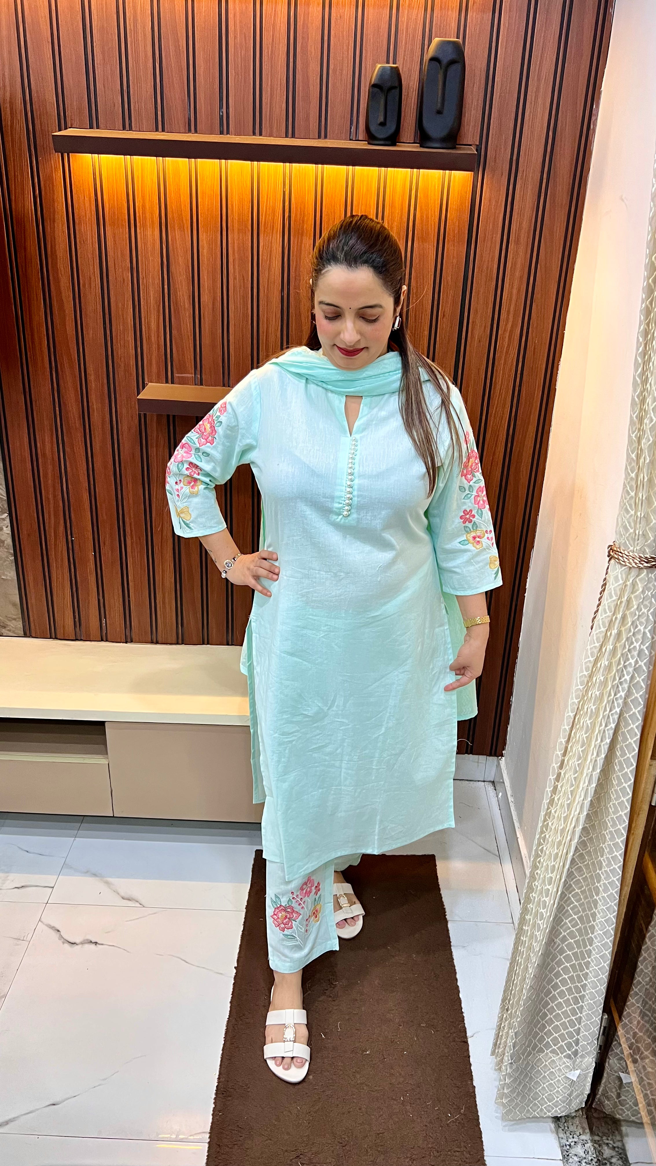 Pure Cotton Suit with Pearl Buttons, Thread Embroidery on Sleeves & Back, Round V-Cut Neckline