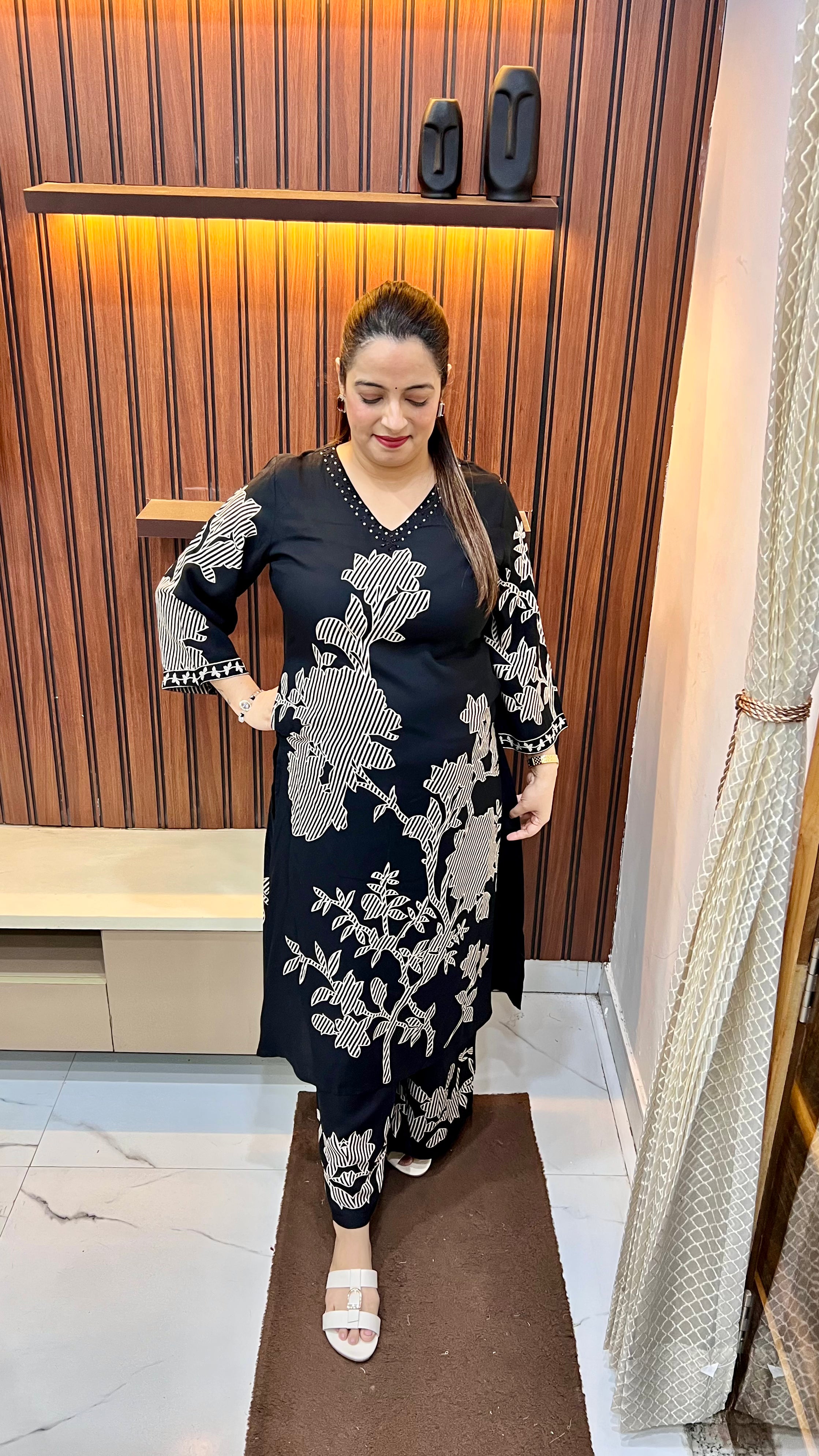 Pure Modal Coord Set with Digital Print & Hand Work Neckline – Elegant Set with Stylish Divider