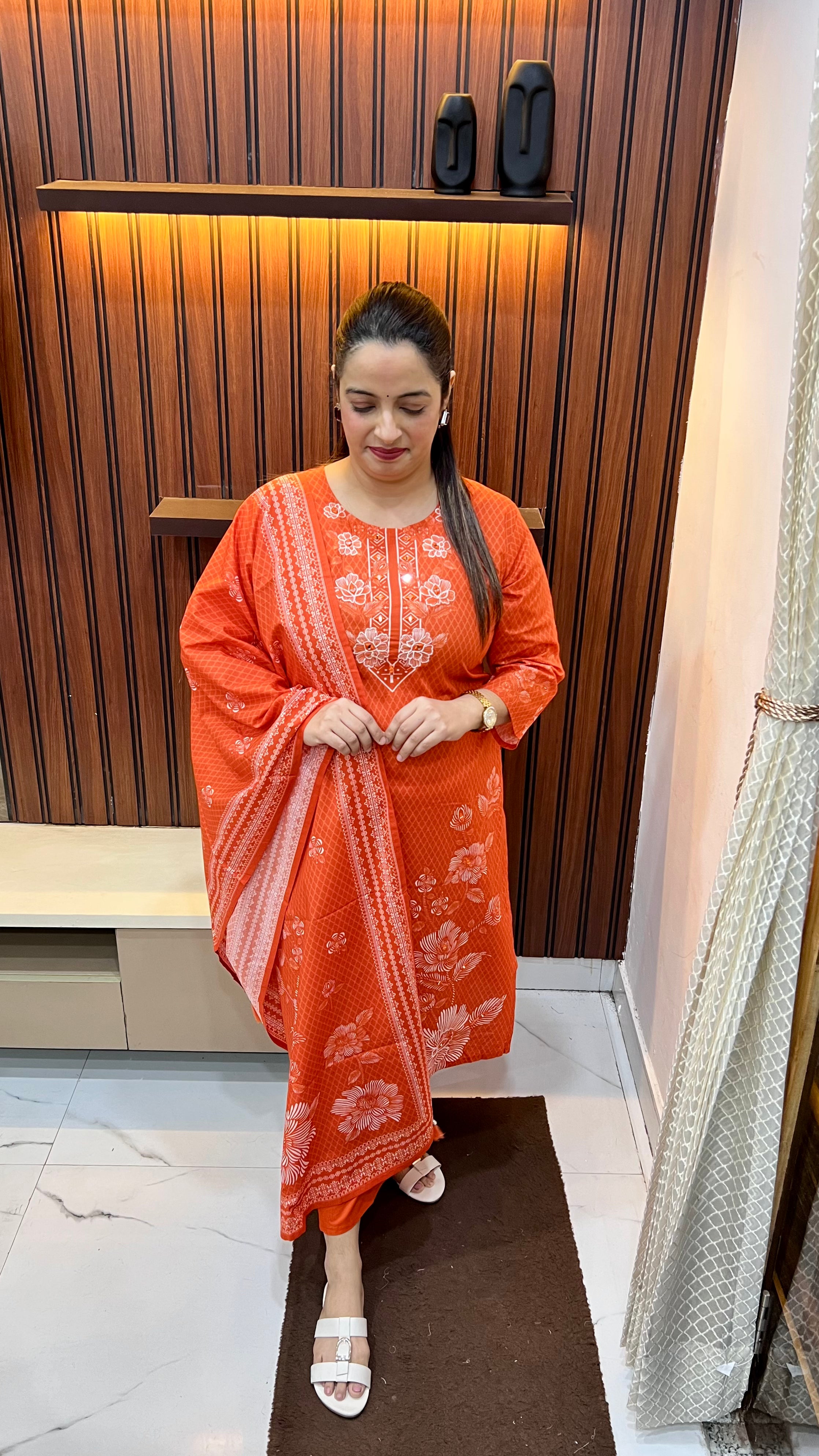 Pure Cotton Suit with Floral Print & Mirror Work Neckline – Elegant Everyday Wear