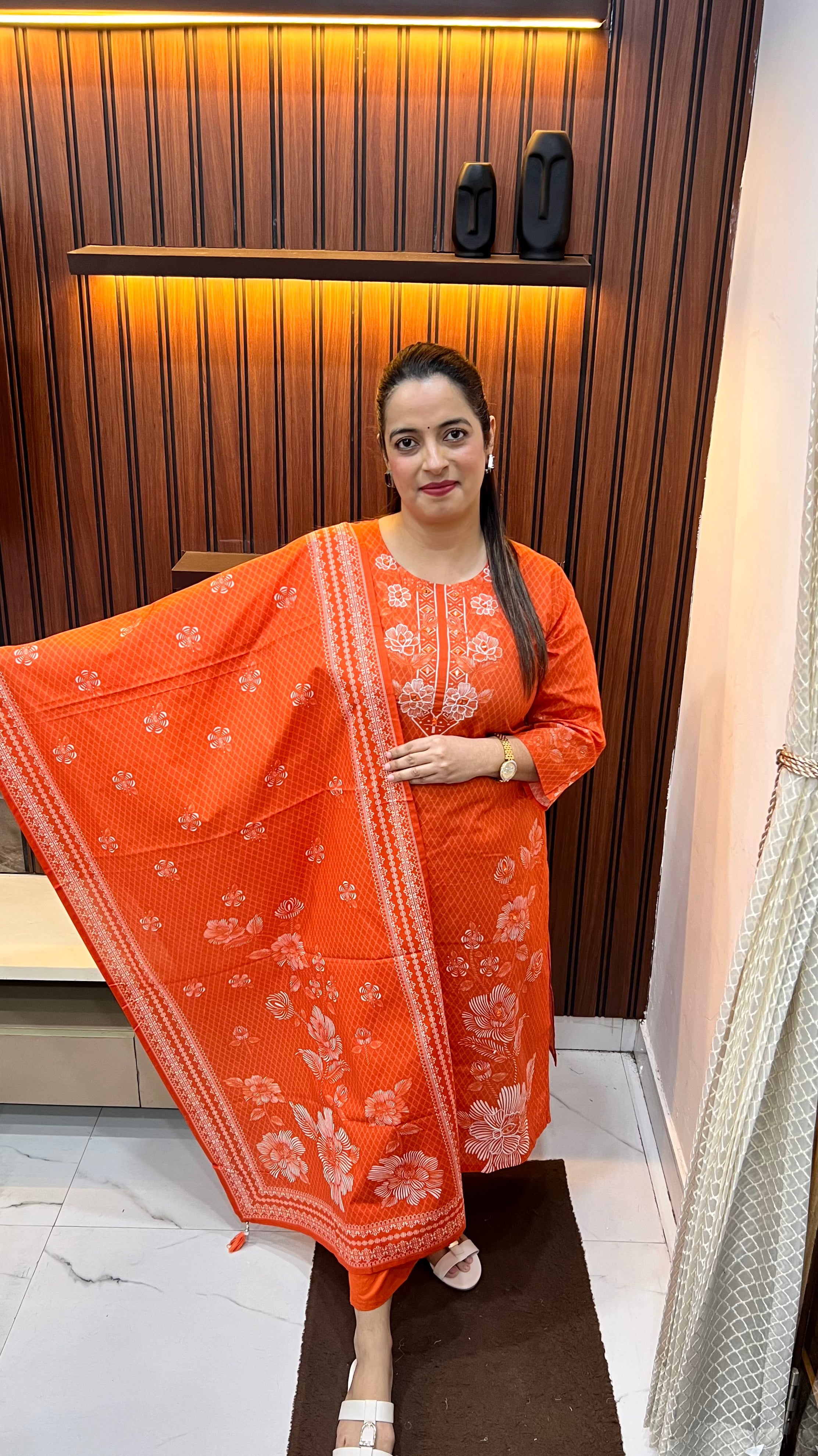 Pure Cotton Suit with Floral Print & Mirror Work Neckline – Elegant Everyday Wear