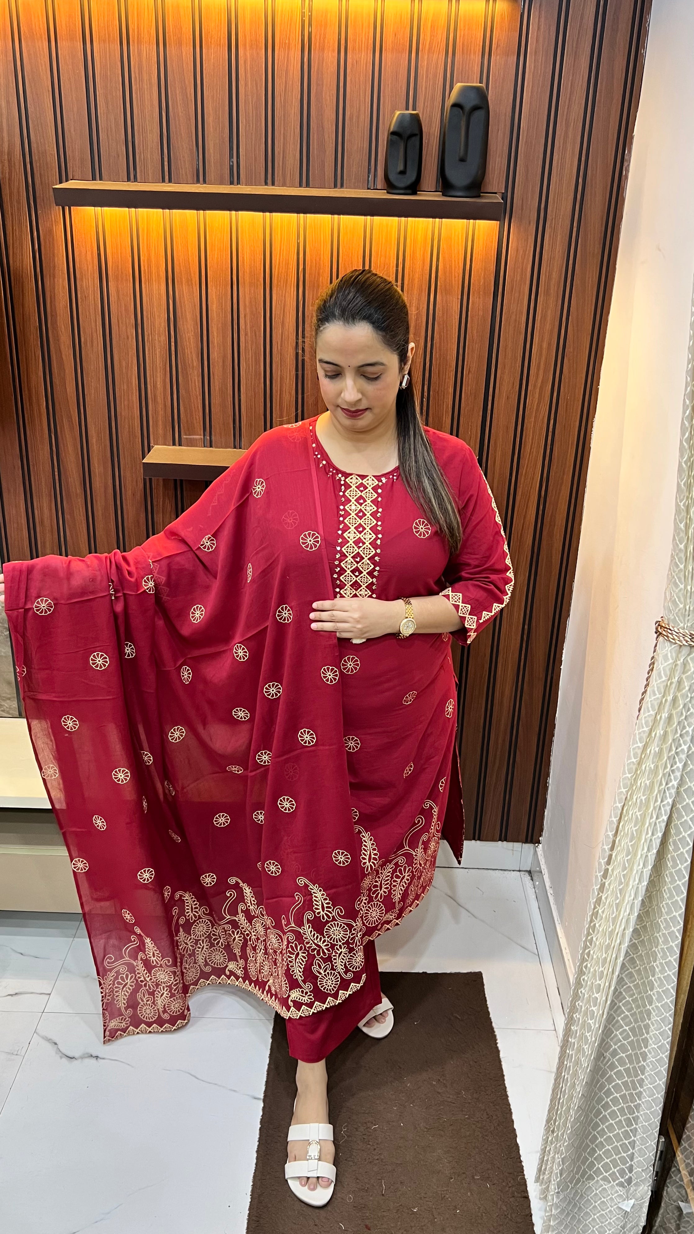 Pure Cotton Suit with Block Print & Handworked Neckline with Ginni & Tassel Detailing
