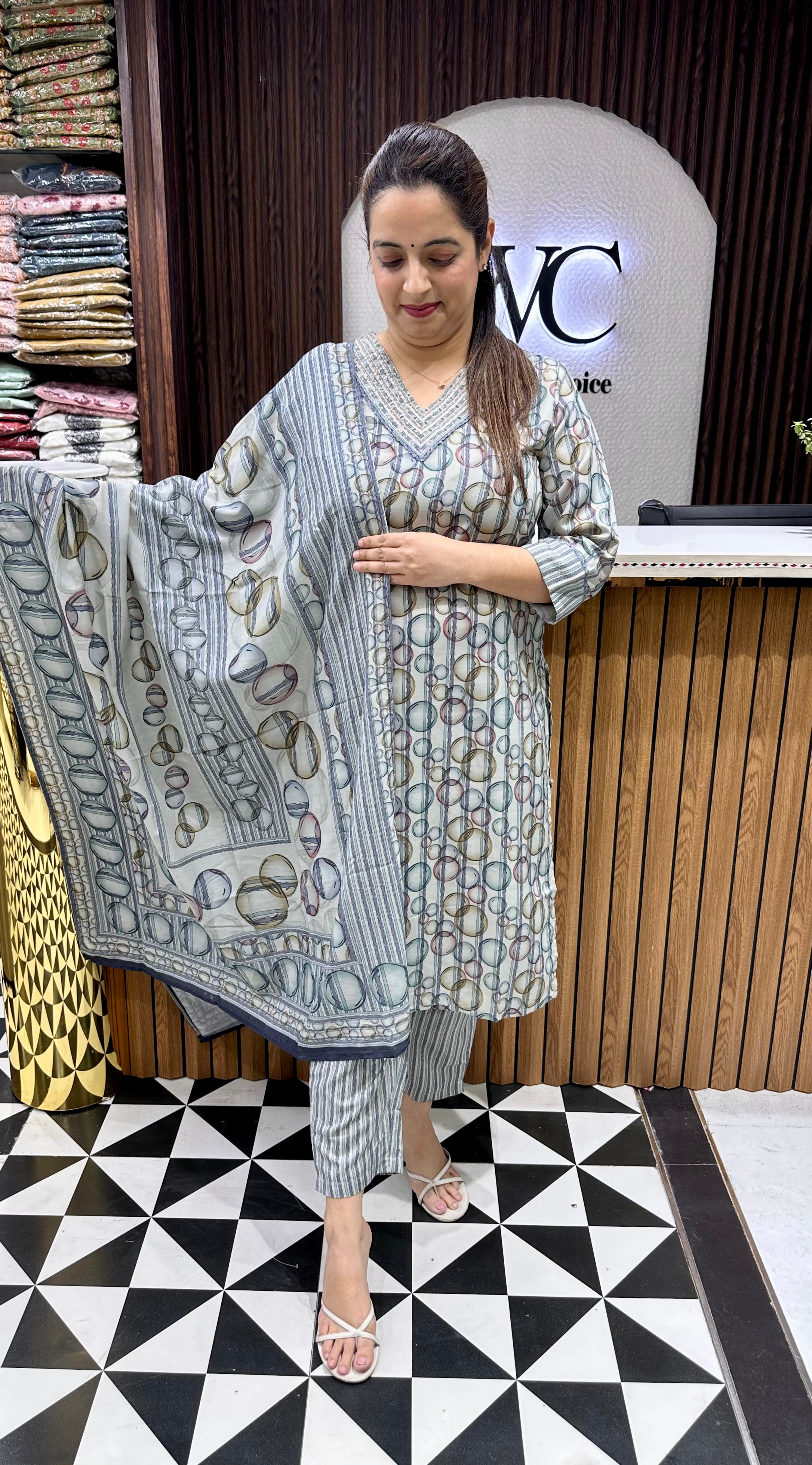 Pure Cotton Suit with Hand-Embroidered Neckline