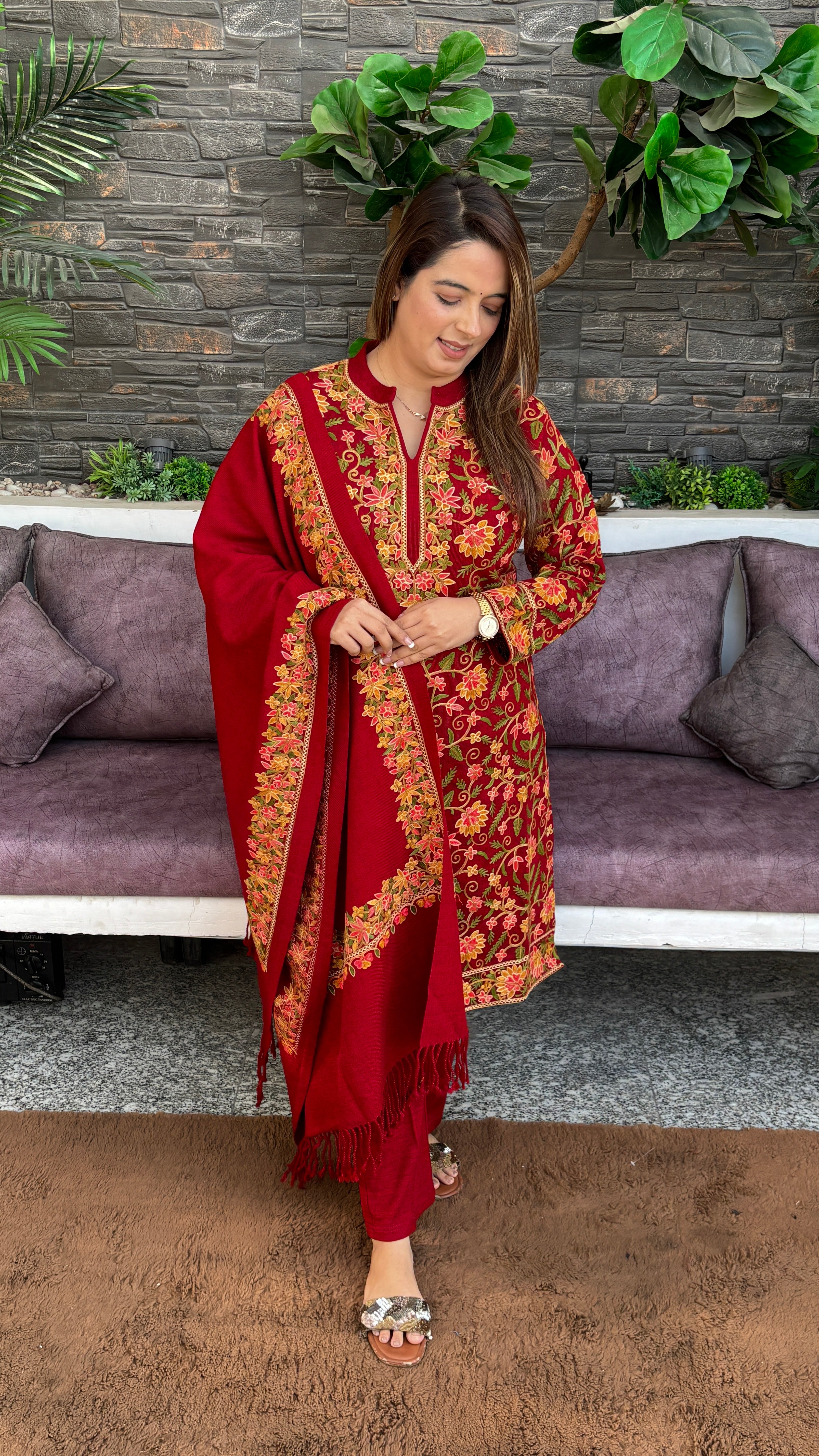 Woollen Suit — Kashmiri Kadhai with Pashmina Stole & Pockets