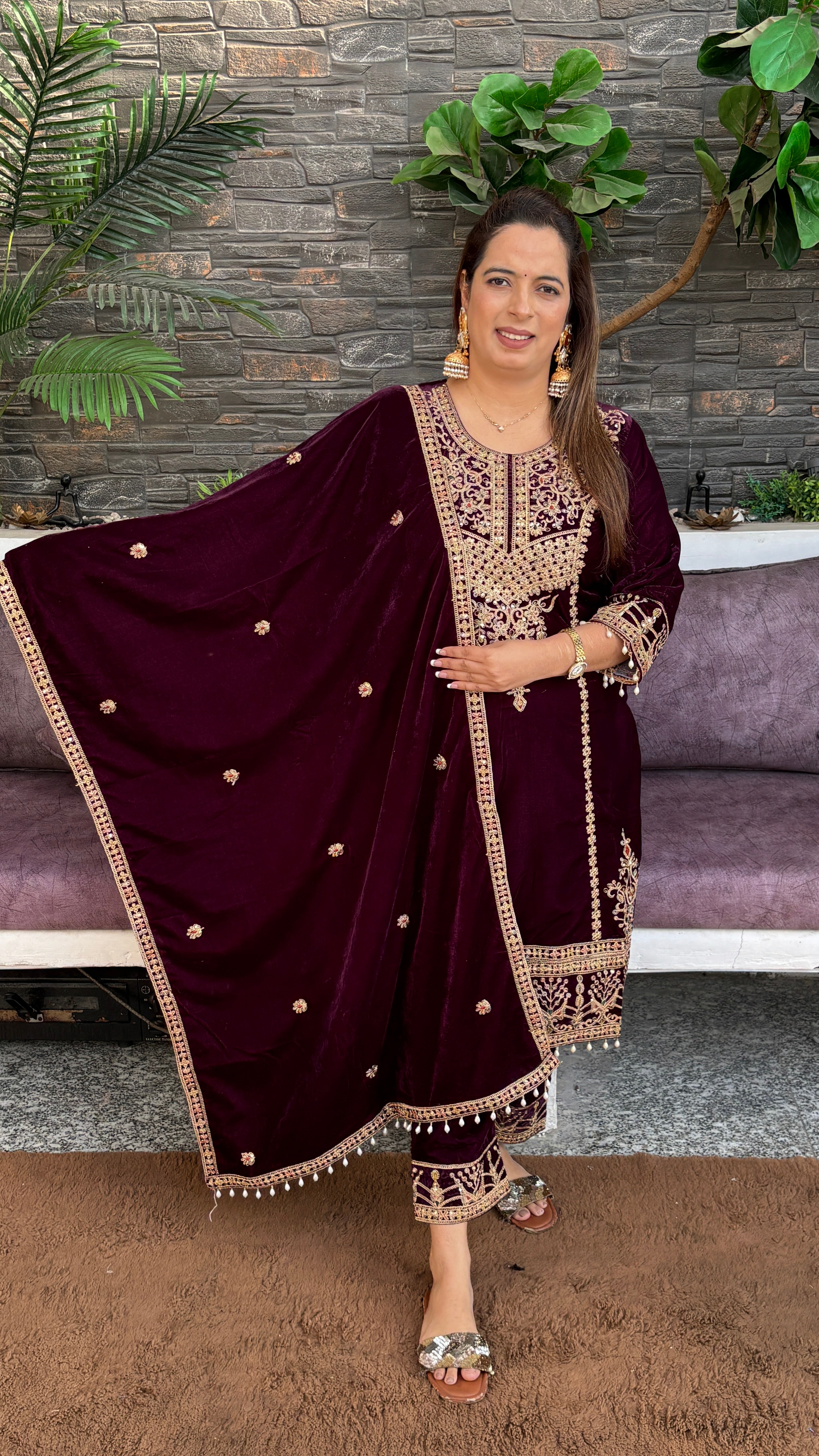 Velvet Party Wear Suit — Zari & Hand Embroidery with Fully Lined Velvet Stole