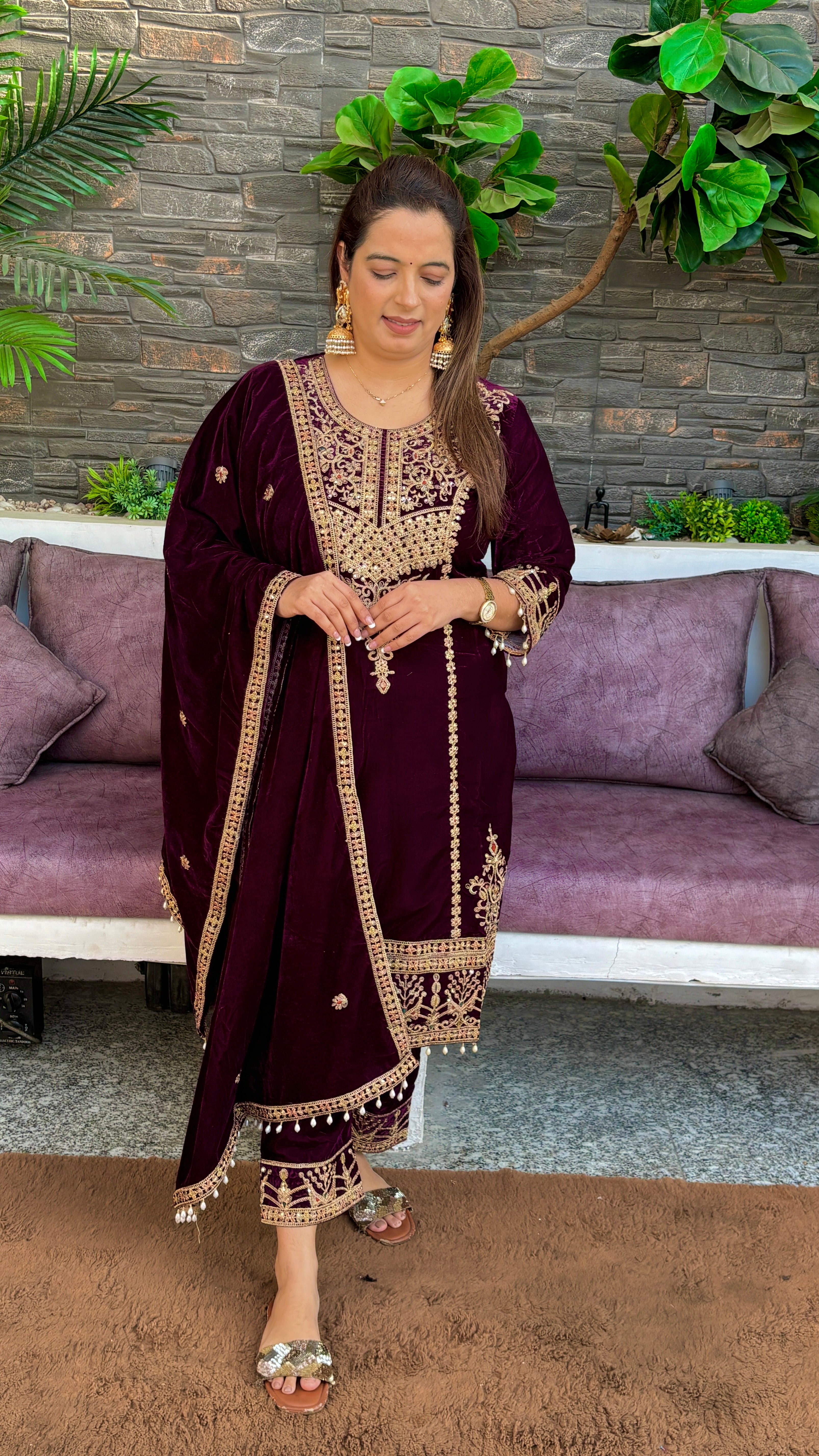 Velvet Party Wear Suit — Zari & Hand Embroidery with Fully Lined Velvet Stole