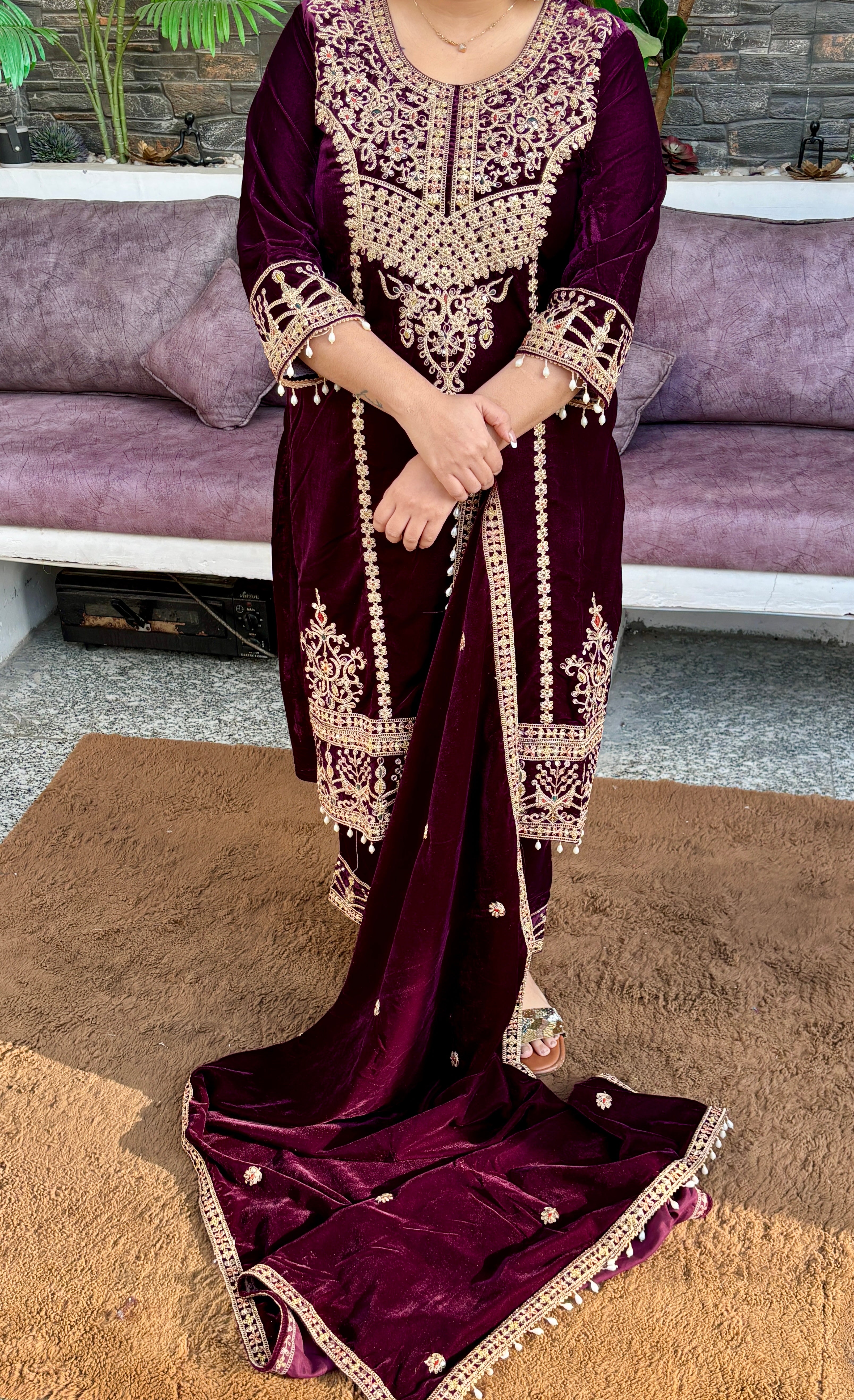 Velvet Party Wear Suit — Zari & Hand Embroidery with Fully Lined Velvet Stole
