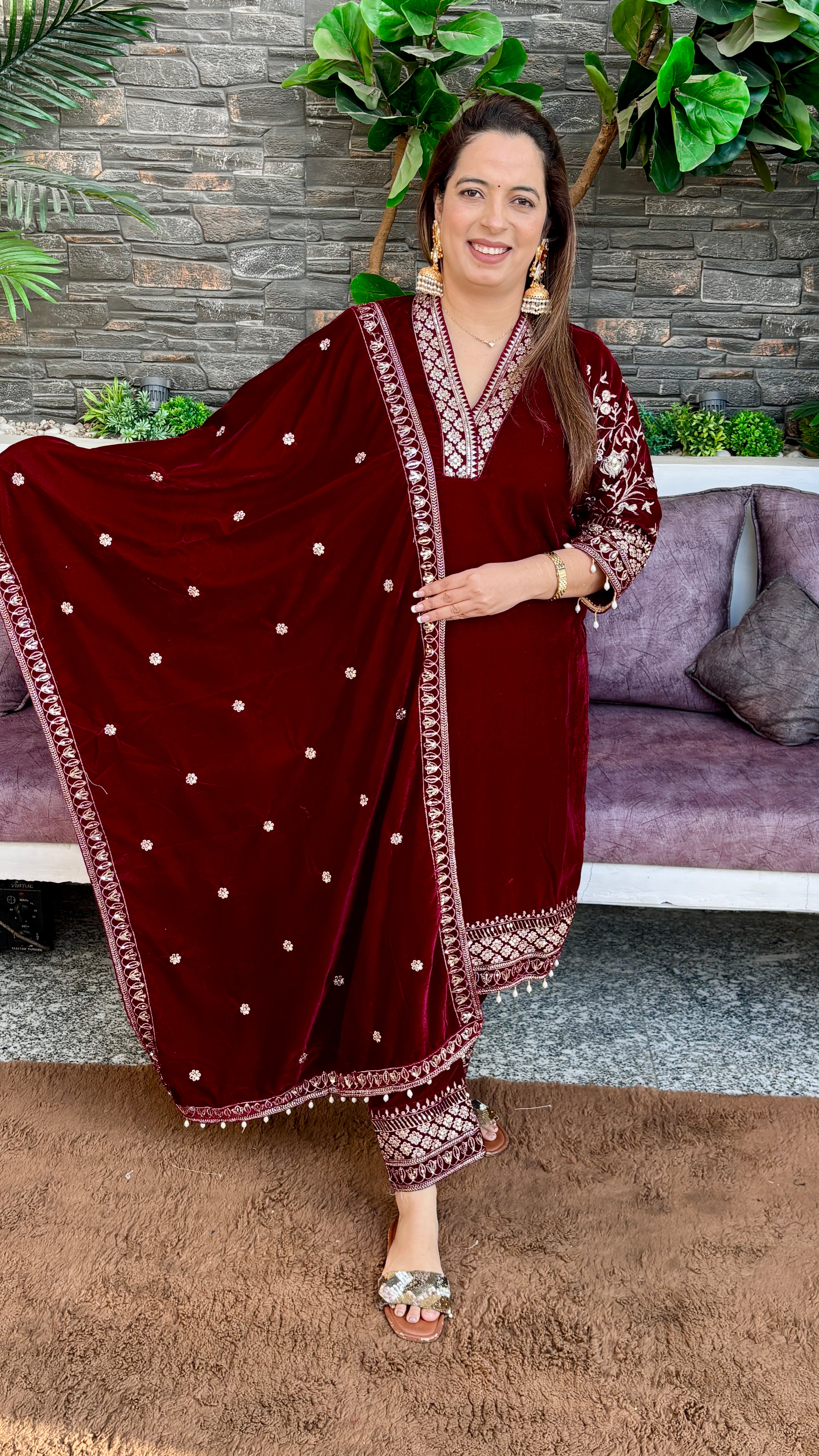 Velvet Suit — Heavy Hand Embroidery with Chinese Collar & Tasselled Dupatta