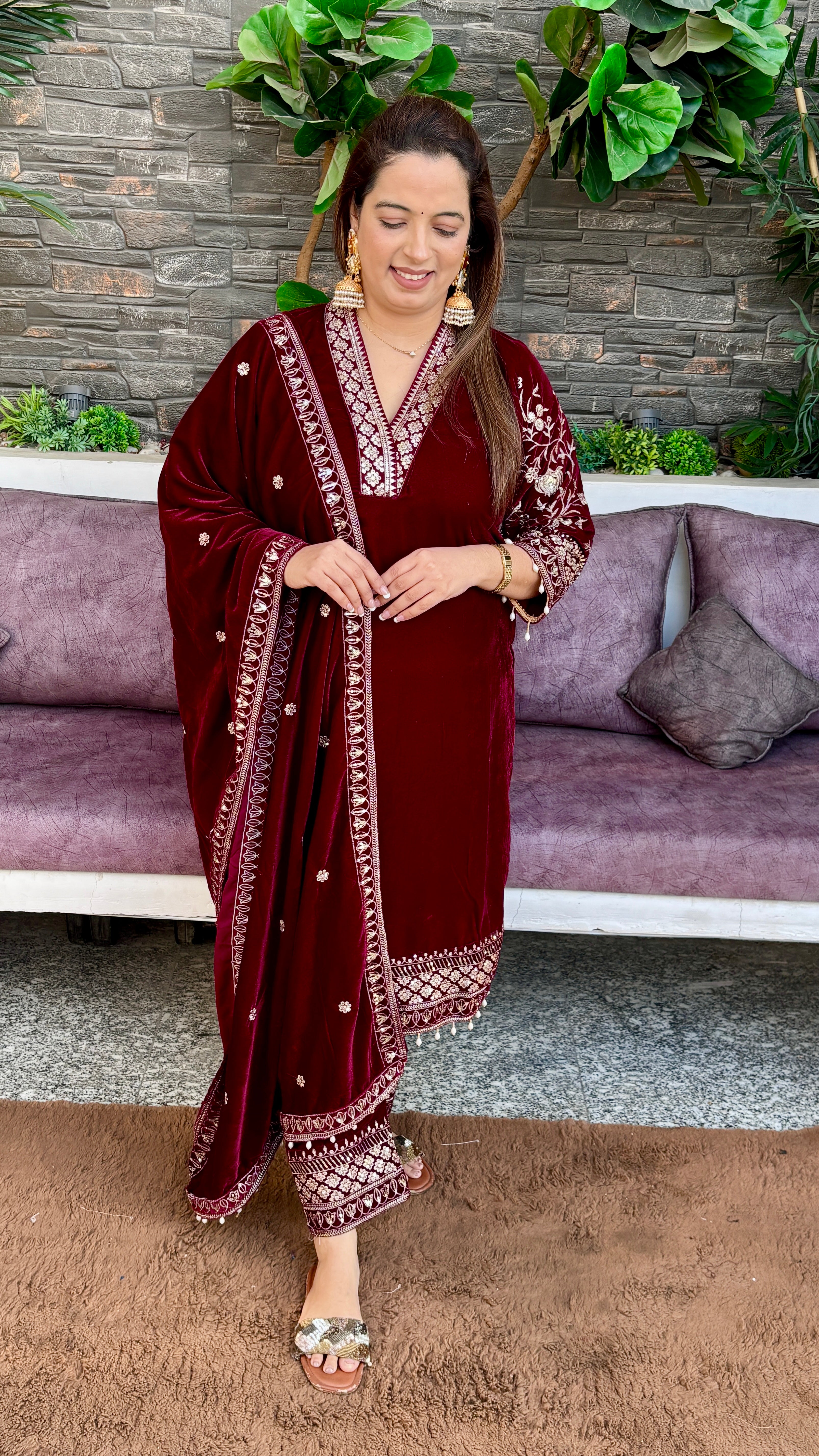 Velvet Suit — Heavy Hand Embroidery with Chinese Collar & Tasselled Dupatta