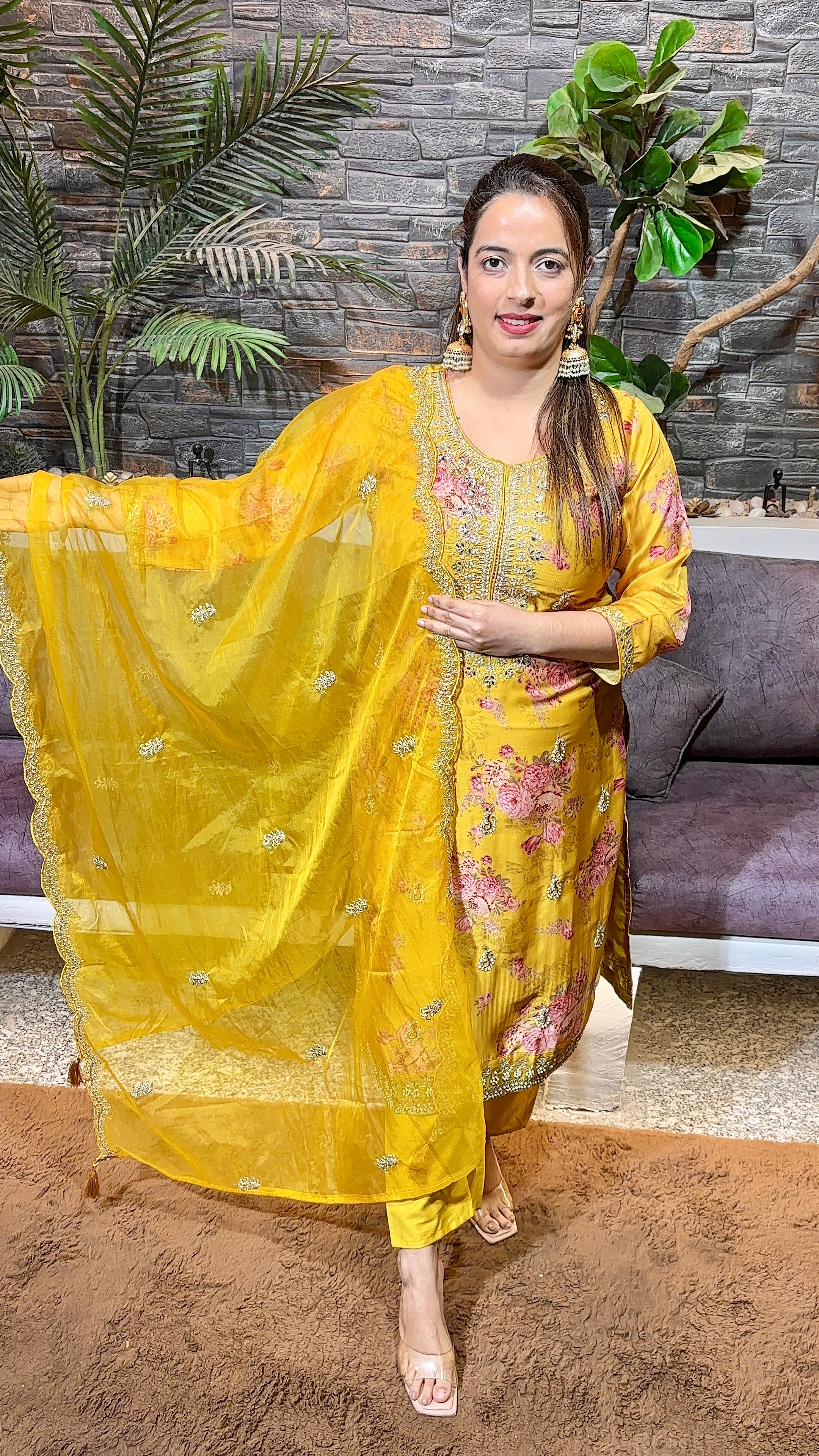 Organza wedding wear suit with digital prints