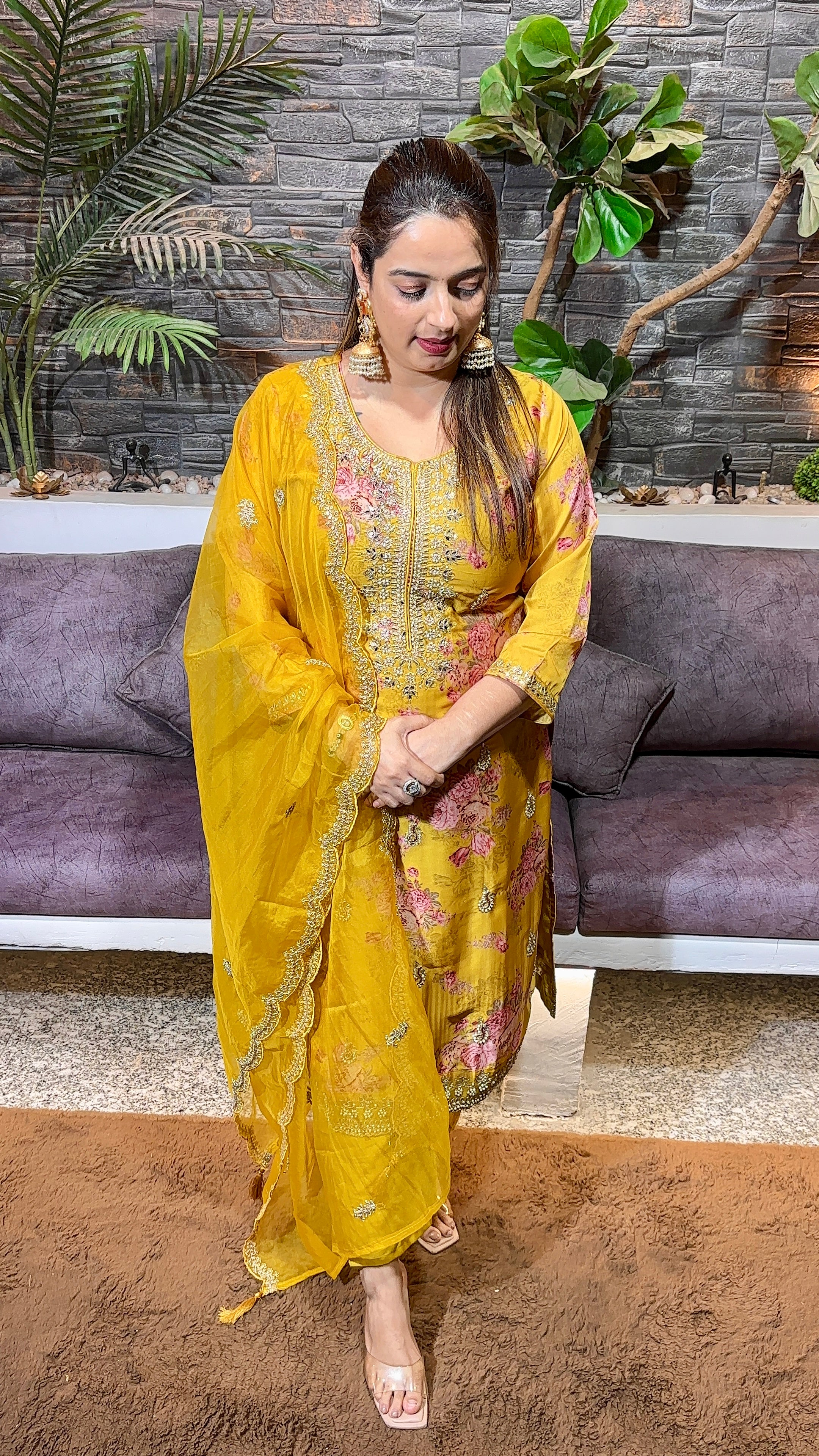 Organza wedding wear suit with digital prints