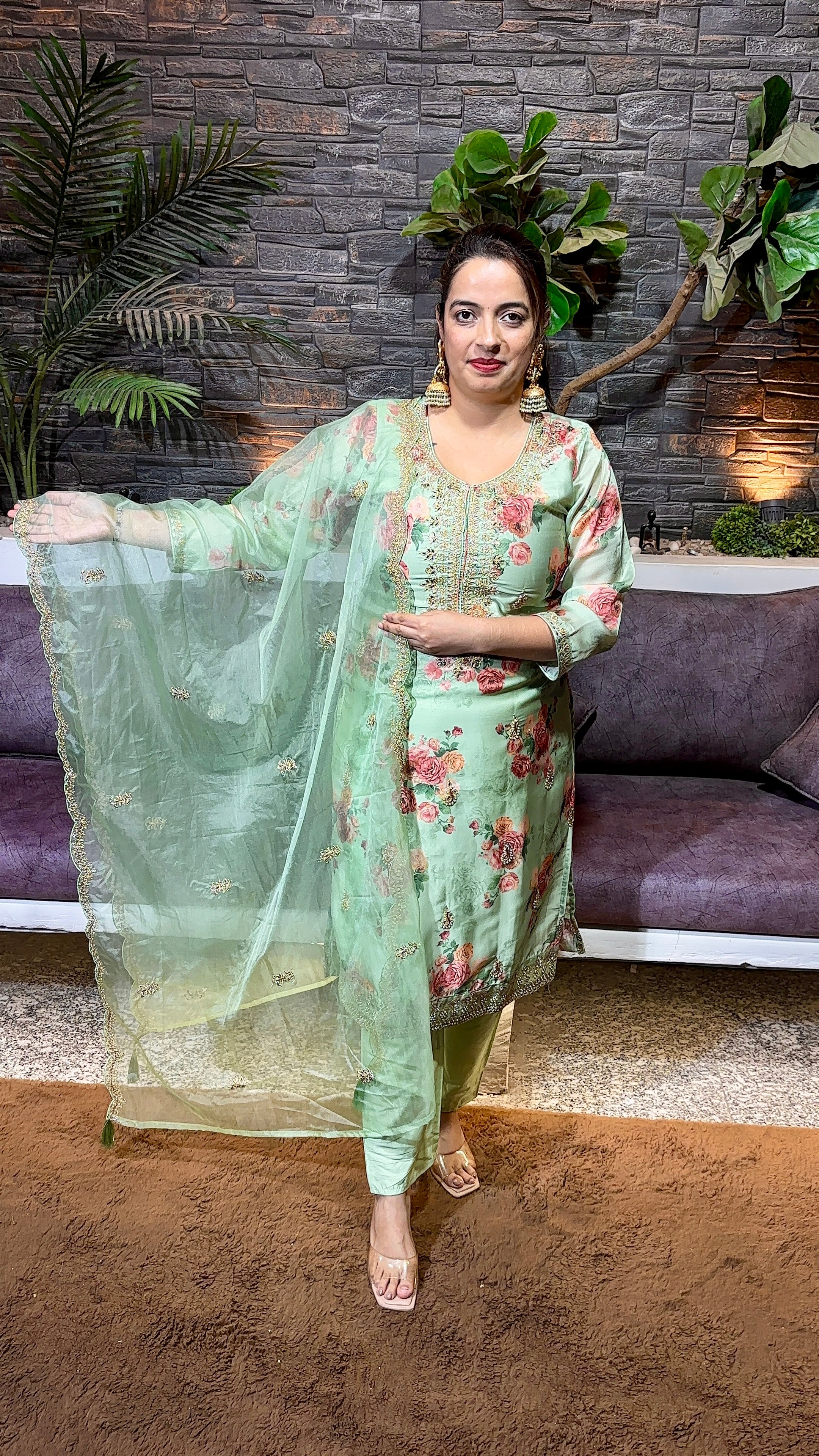 Organza wedding wear suit with digital prints