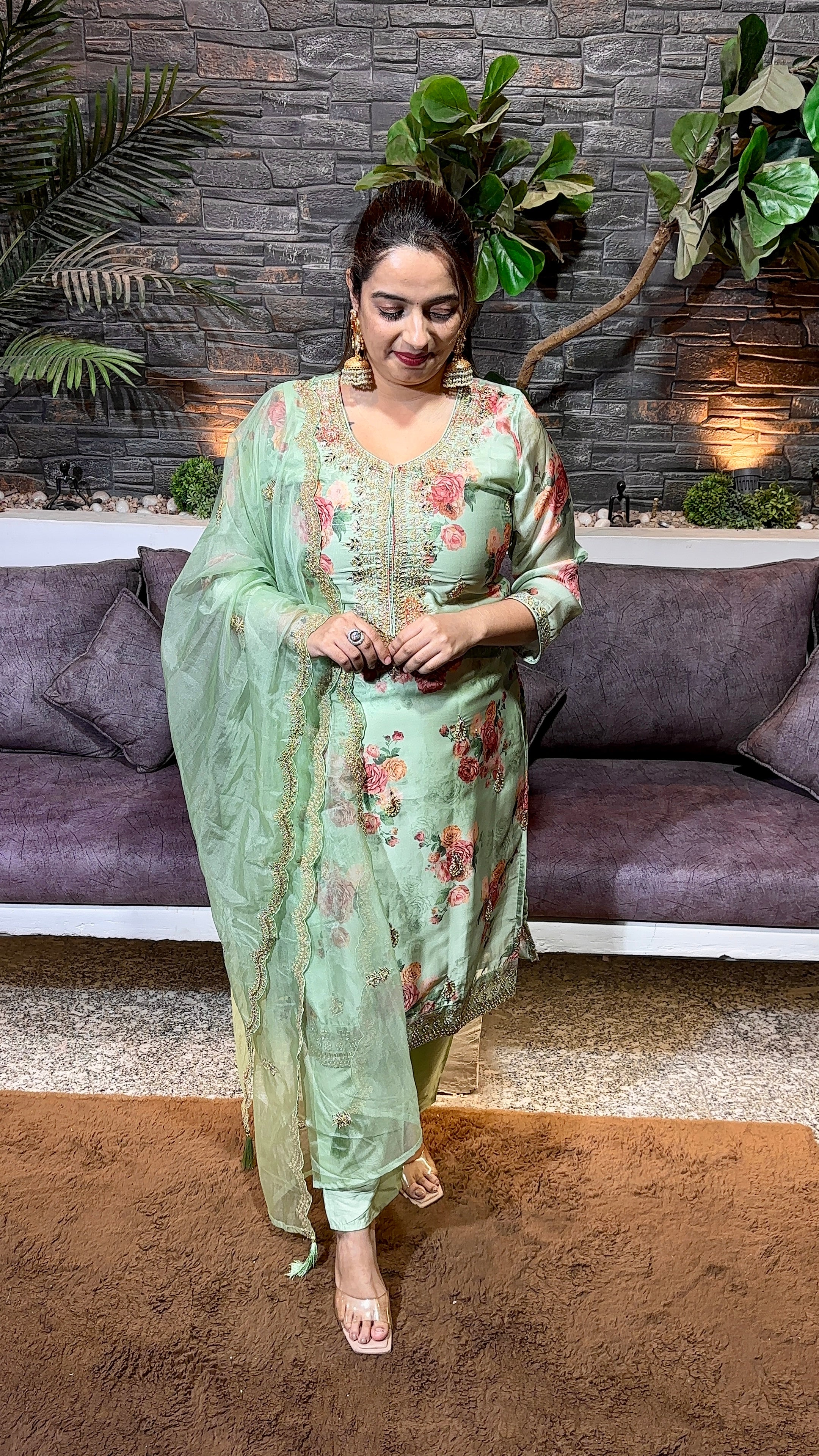 Organza wedding wear suit with digital prints