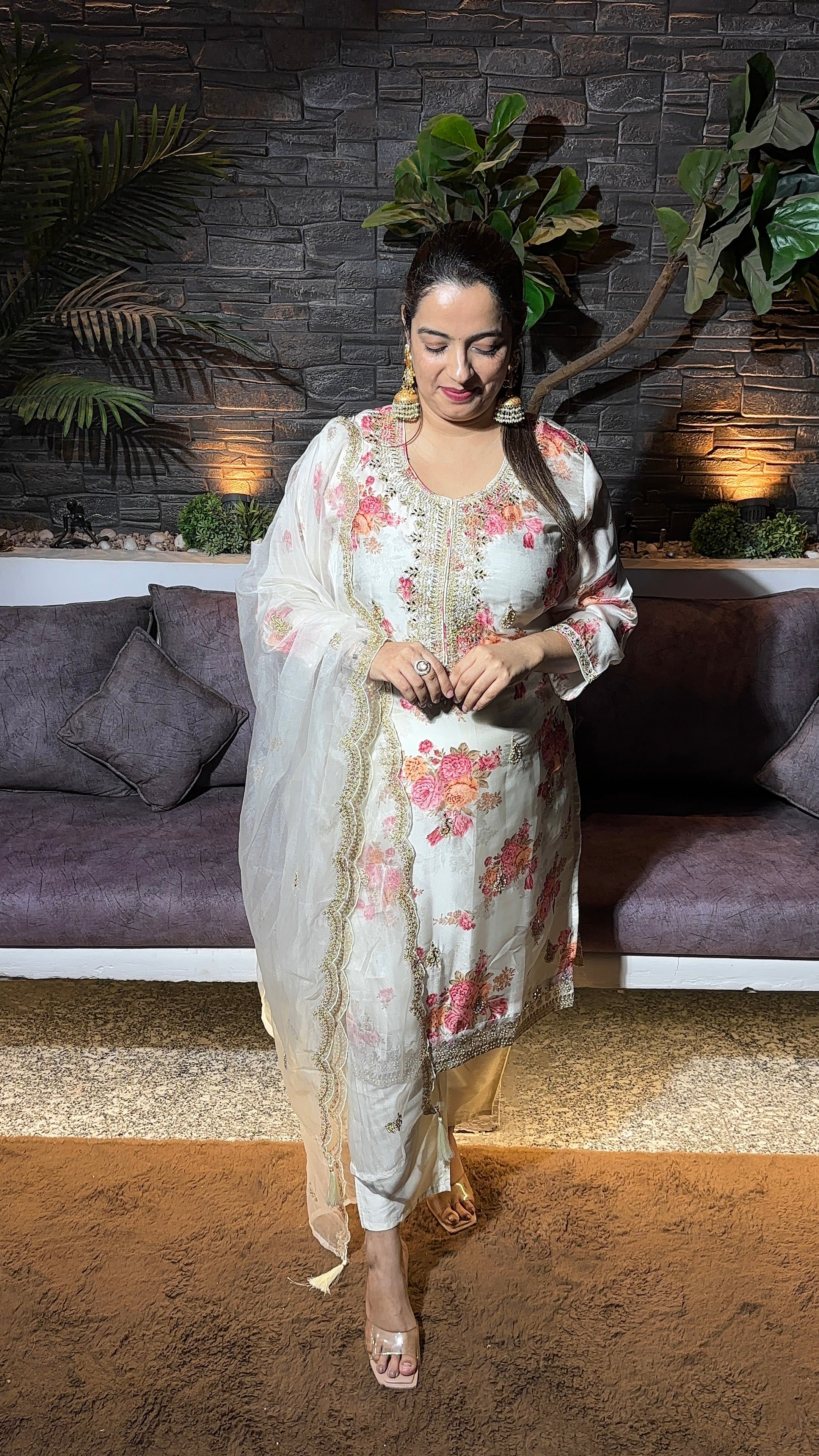 Organza wedding wear suit with digital prints