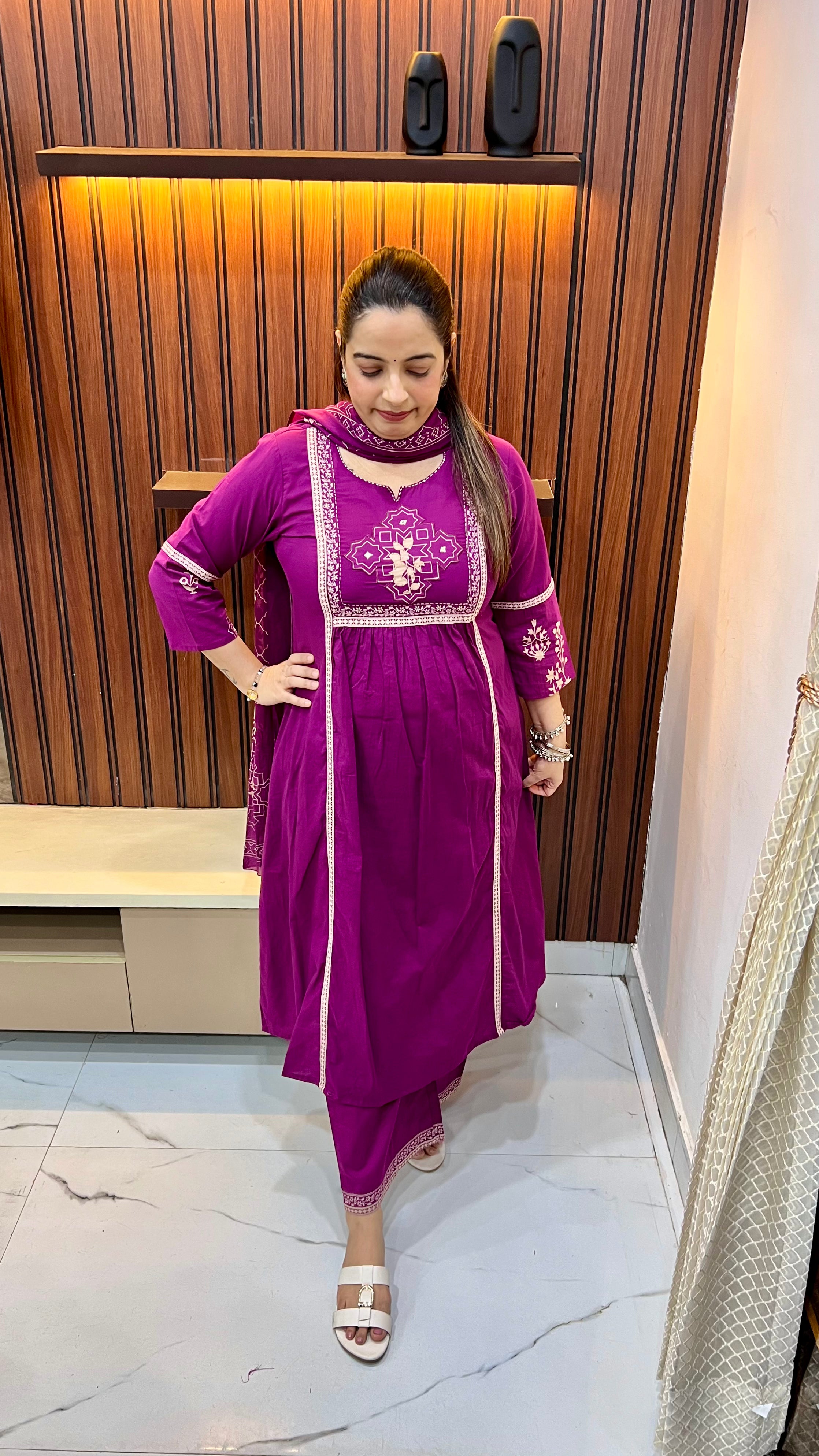 Pure Cotton A-Line Suit with Thread Embroidery & Printed Dupatta ✨