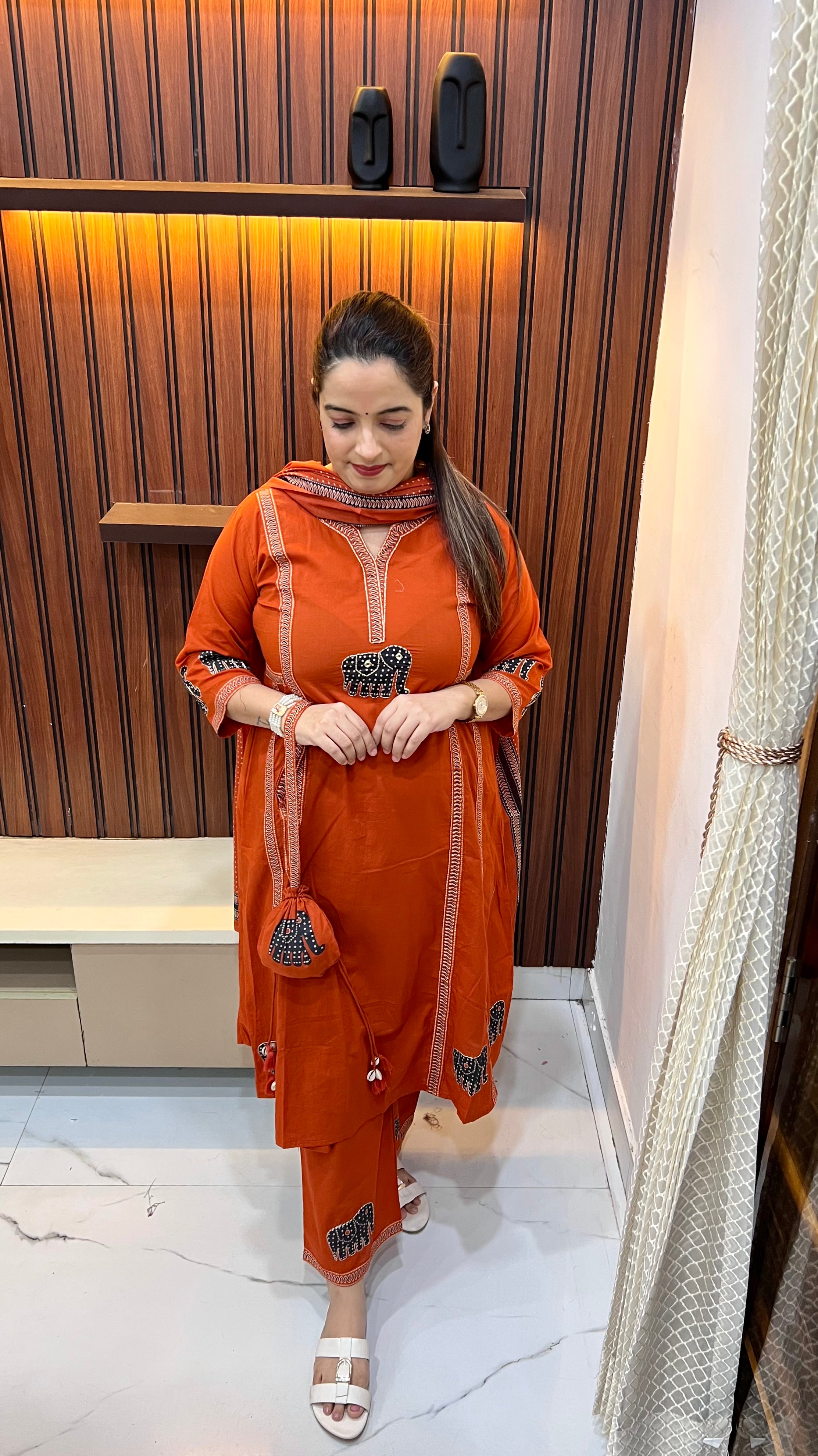 Pure Cotton Anarkali Suit with Madhubani Art, Appliqué Work & Handmade Potli