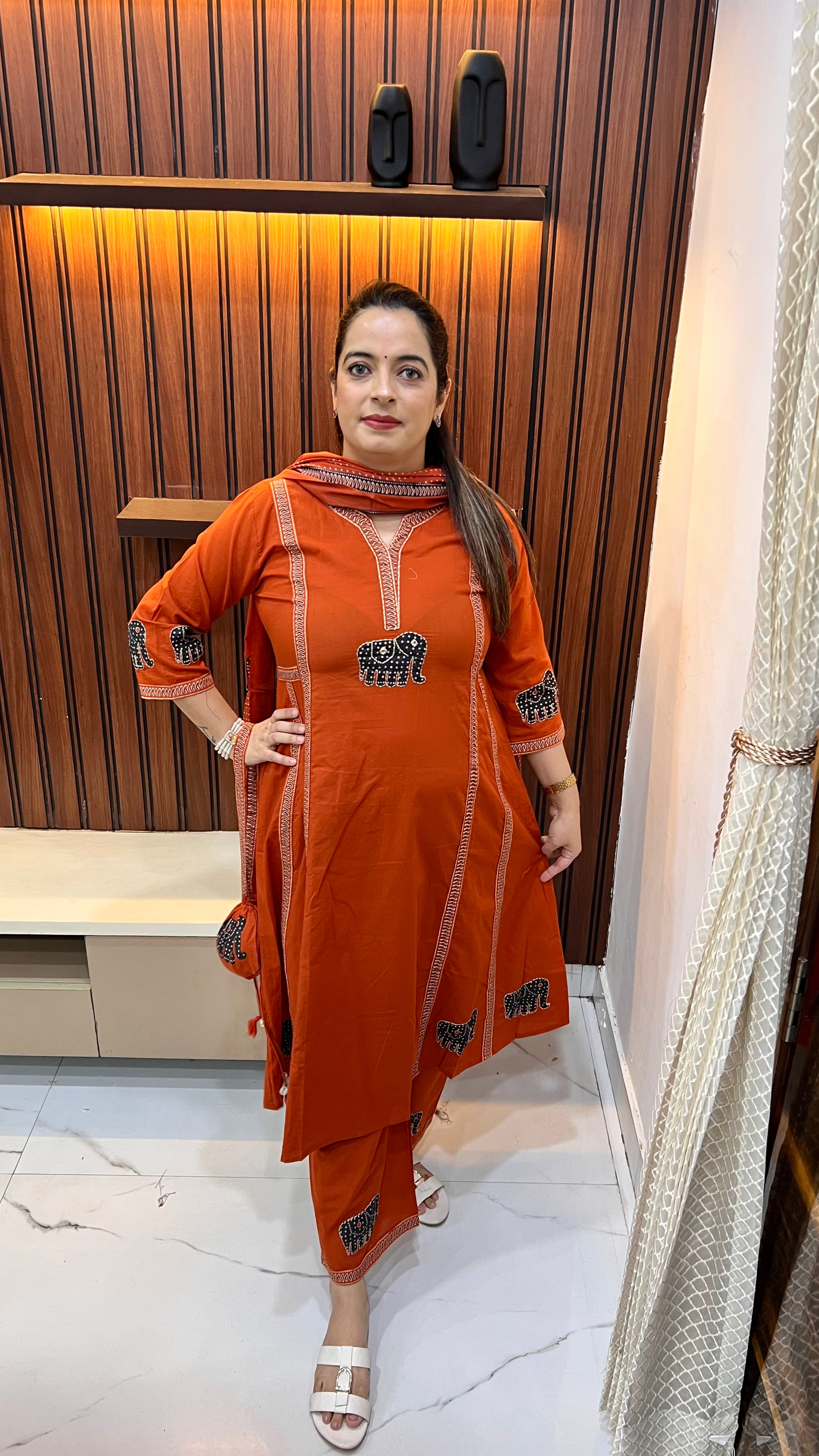 Pure Cotton Anarkali Suit with Madhubani Art, Appliqué Work & Handmade Potli
